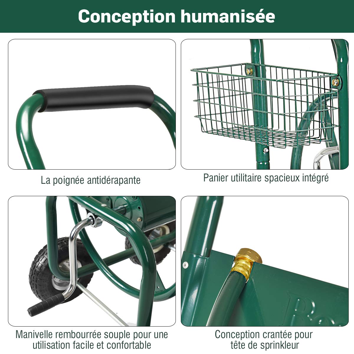 COSTWAY Chariot D’Arrosage Dévidoir Tuyau – 4 Roues Pneumatiques – Panier + 1,7 M Tuyau – 95 X 62 X 113 Cm