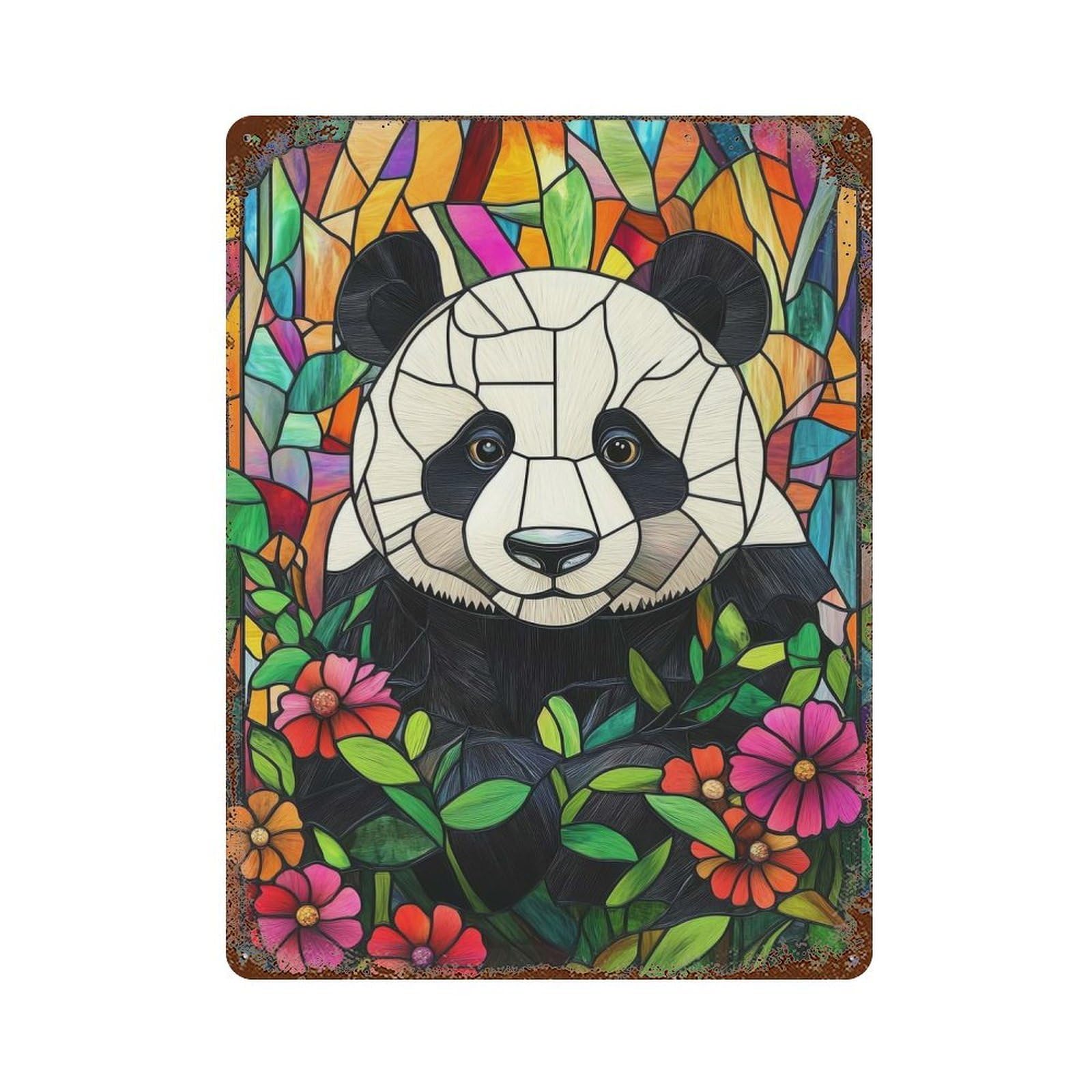 Rust Effect Tin Sign Stained Glass Panda 15.7"x11.8", Vintage Wall Decor for Basement, Hobby Room And Garage Decor