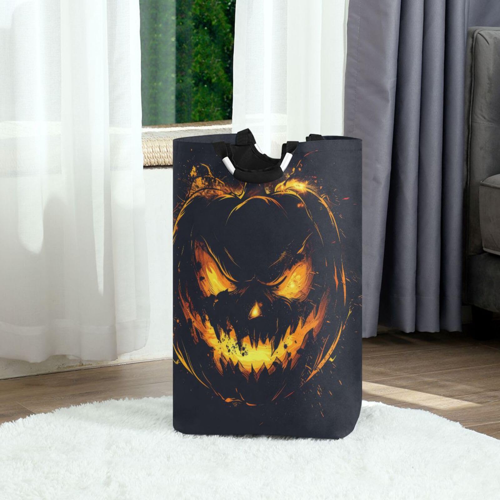Jihqo Laundry Hamper Basket Halloween Pumpkin Haunted Smile Collapsible Nursery Storage Bin Waterproof Clothing Baskets for Home Bedroom Bathroom Washing Room