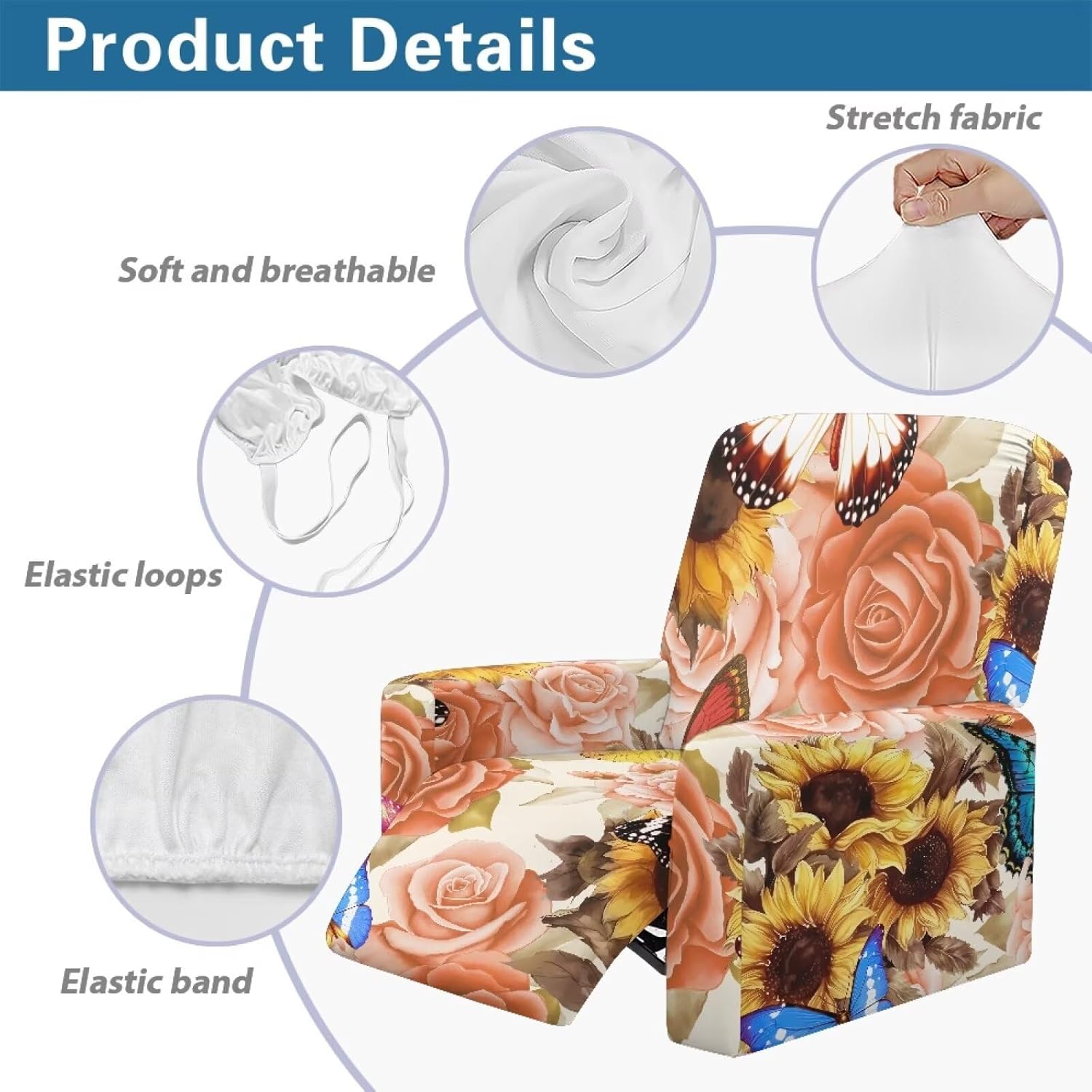 FOR U DESIGNS Roses Sunflower Recliner Slipcover Stretch Protective Cover for Living Room Chairs Washable Covers with Elastic Loops for Reclining Sofas Easy to Install