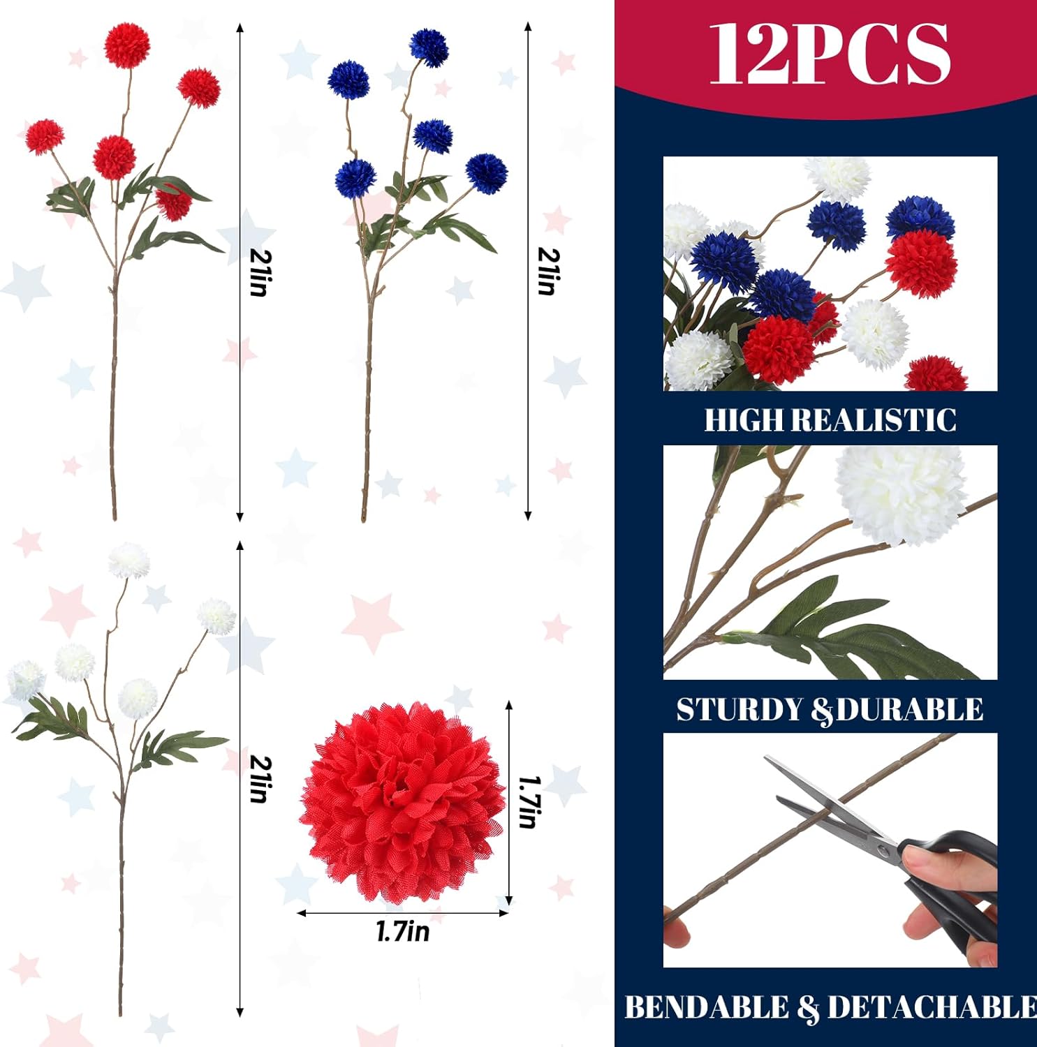 Hoteam 24 Pcs 4th of July Red Blue White Patriotic Artificial Chrysanthemum Flowers 250th Anniversary Decoration Independence Day Fake Mums Flower for Home Decor Indoor Memorial Day Table Centerpiece