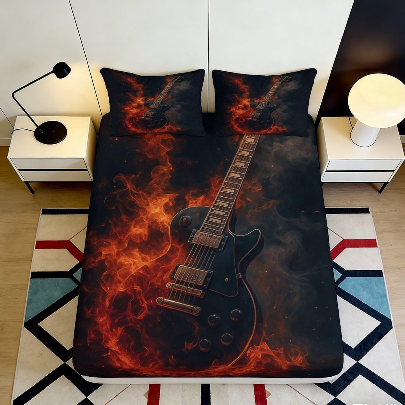 3D Printed Fiery Guitar Fitted Sheet Microfiber Soft Durable Flame Bed Cover for Bedroom Guest Room Mattress Protection Decor 90x200x25cm