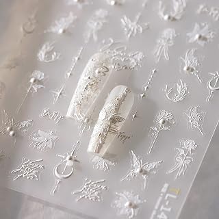 2 Pack 5D Embossed White Star Moon Nail Stickers Butterfly Flower Pearls Summer Nail Stickers Design DIY for Women