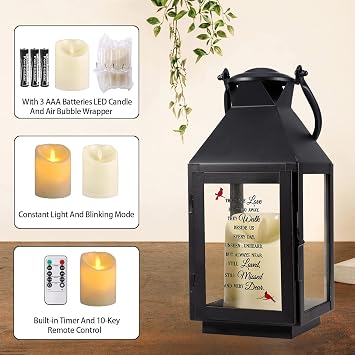 Memorial Lantern with Flickering LED Candle & Remote Timer, Sympathy & Bereavement Gift, UV Printed Memorial Keepsake for Loss of Mom, Dad, Grandpa, Grandma or Loved One