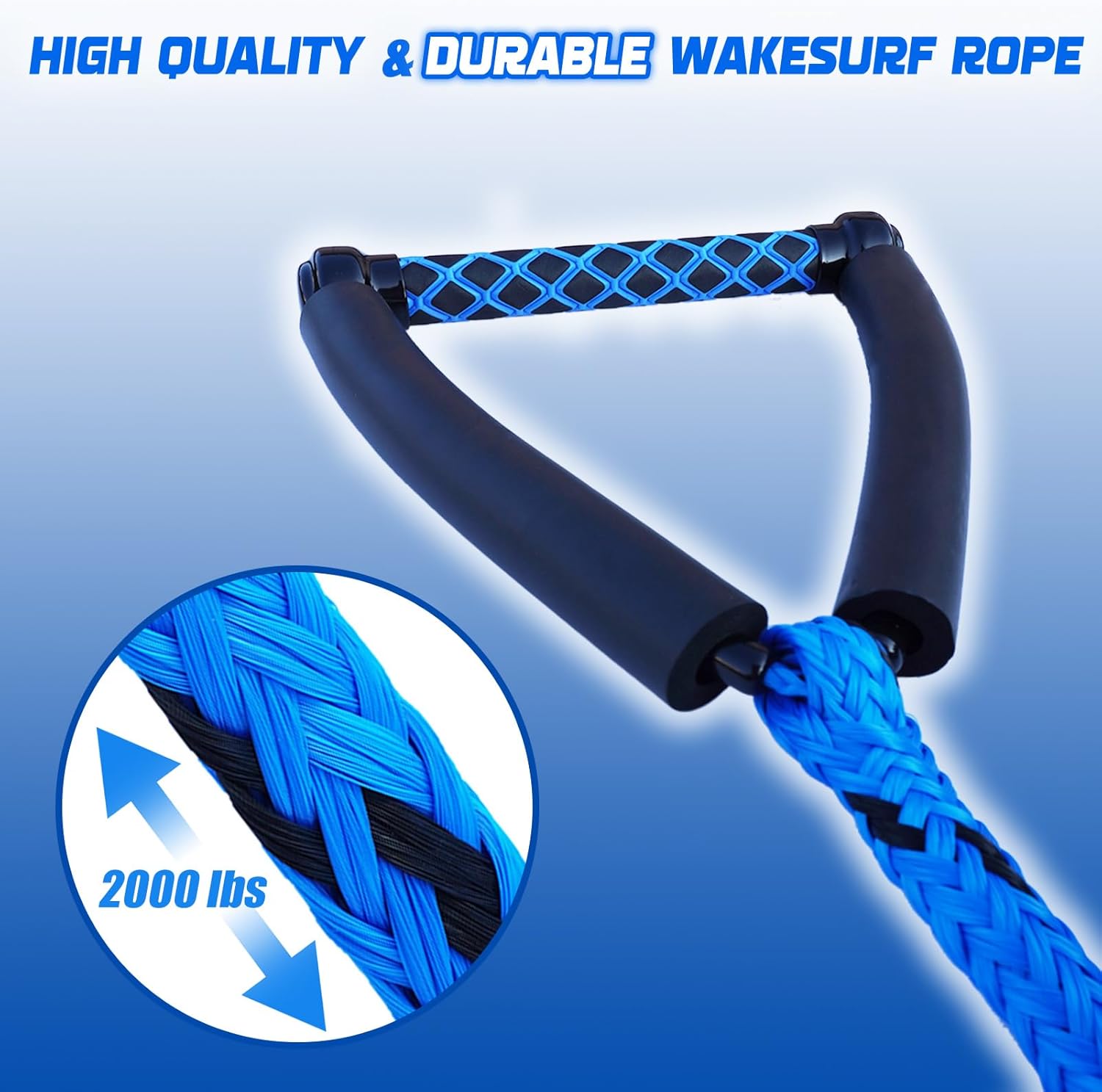 25FT Floating Wakesurf Ropes and Handle, 4 Sections Adjustable Surf Tow Rope for Wakesurfing and Watersports, White and Blue