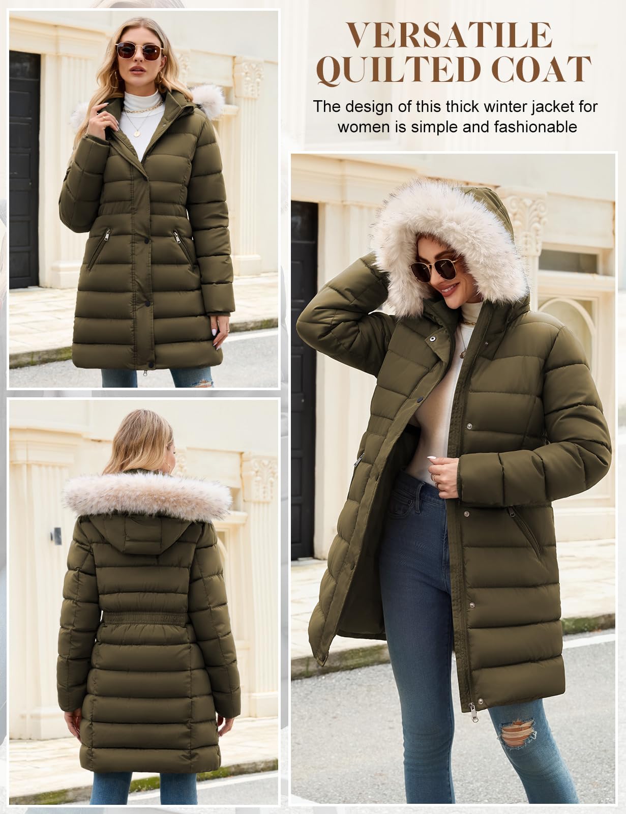 Yuson Girl Manteau Femme Hiver Veste Chaud Long Puffer Parka à Capuche Polaire Epaisse Chic Blouson Matelassé Coupe-vent Doudoune Extérieur longue Décontracté Manteaux avec Zippé
