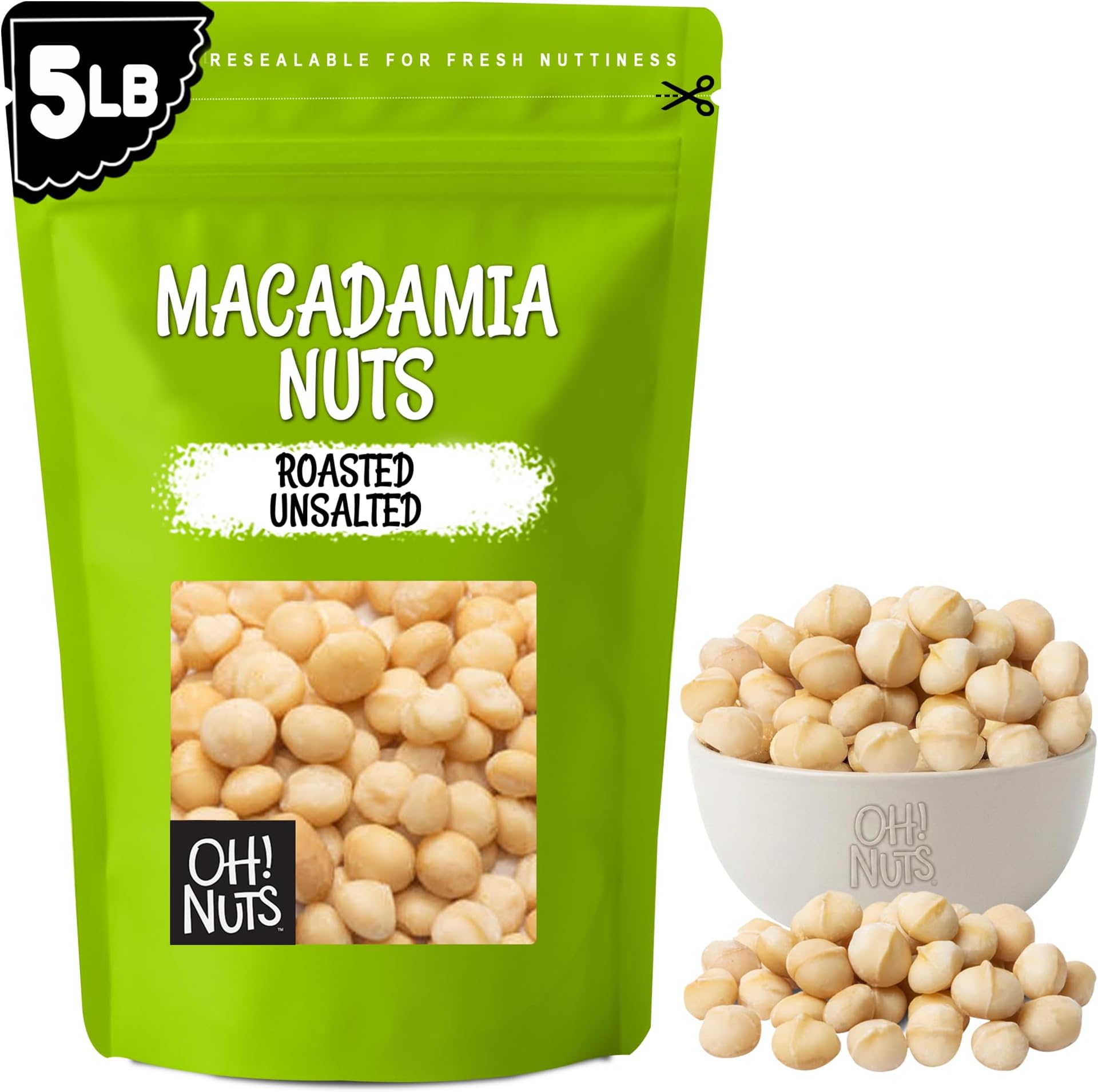 Oh! Nuts Macadamia Nuts - 5 lb - Dry Roasted Unsalted Macadamia Nuts - Oven Roasted - No Oil - Packed in New York Zip-Seal Bag for Exceptional Freshness