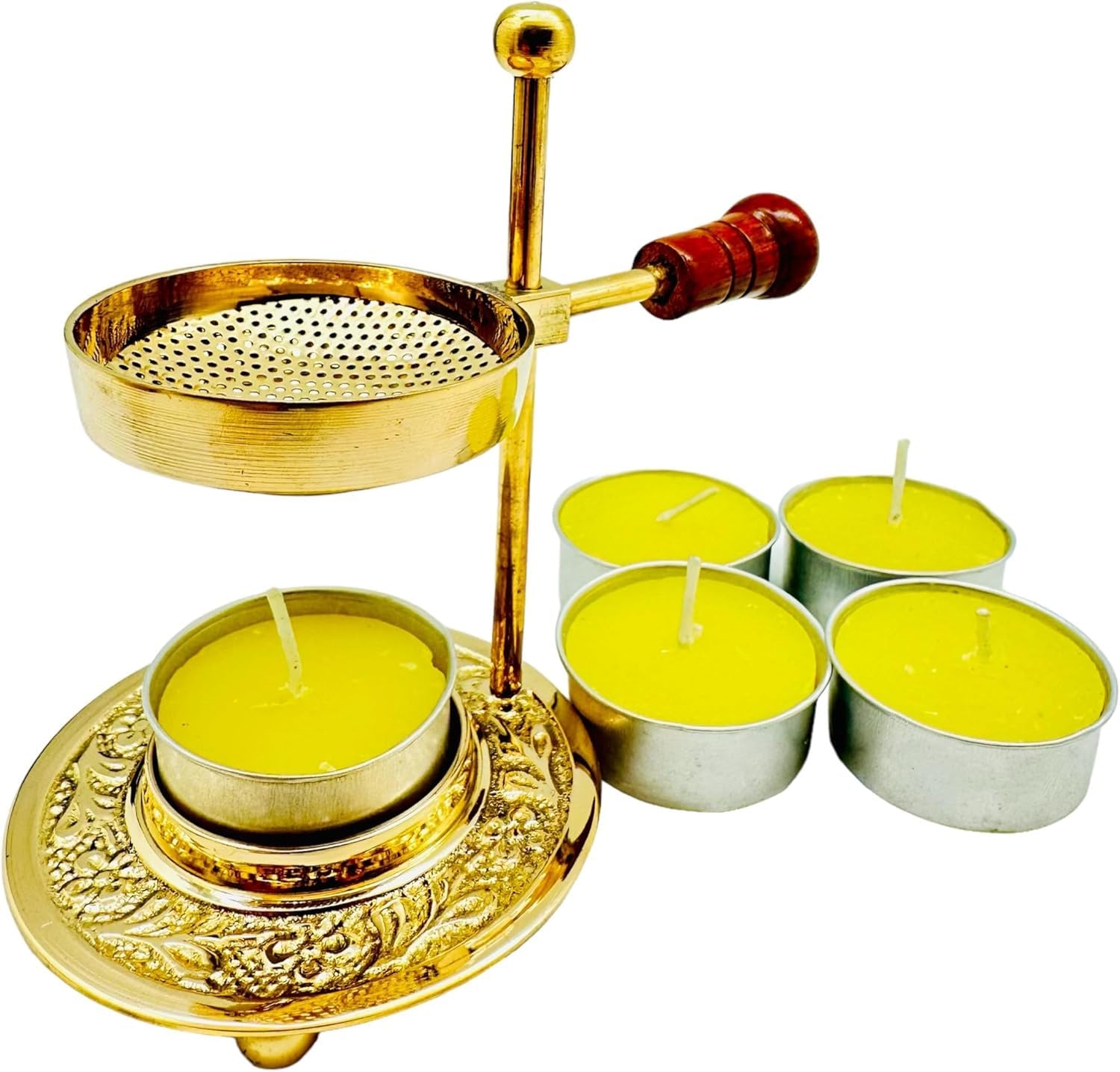 RSGM Brass Adjustable Incense Resin Burner - 5.5 Inch with 5 Tealight Candles | Charcoal-Free, Ideal for Yoga/Aromatherapy/Home Fragrance and Spiritual