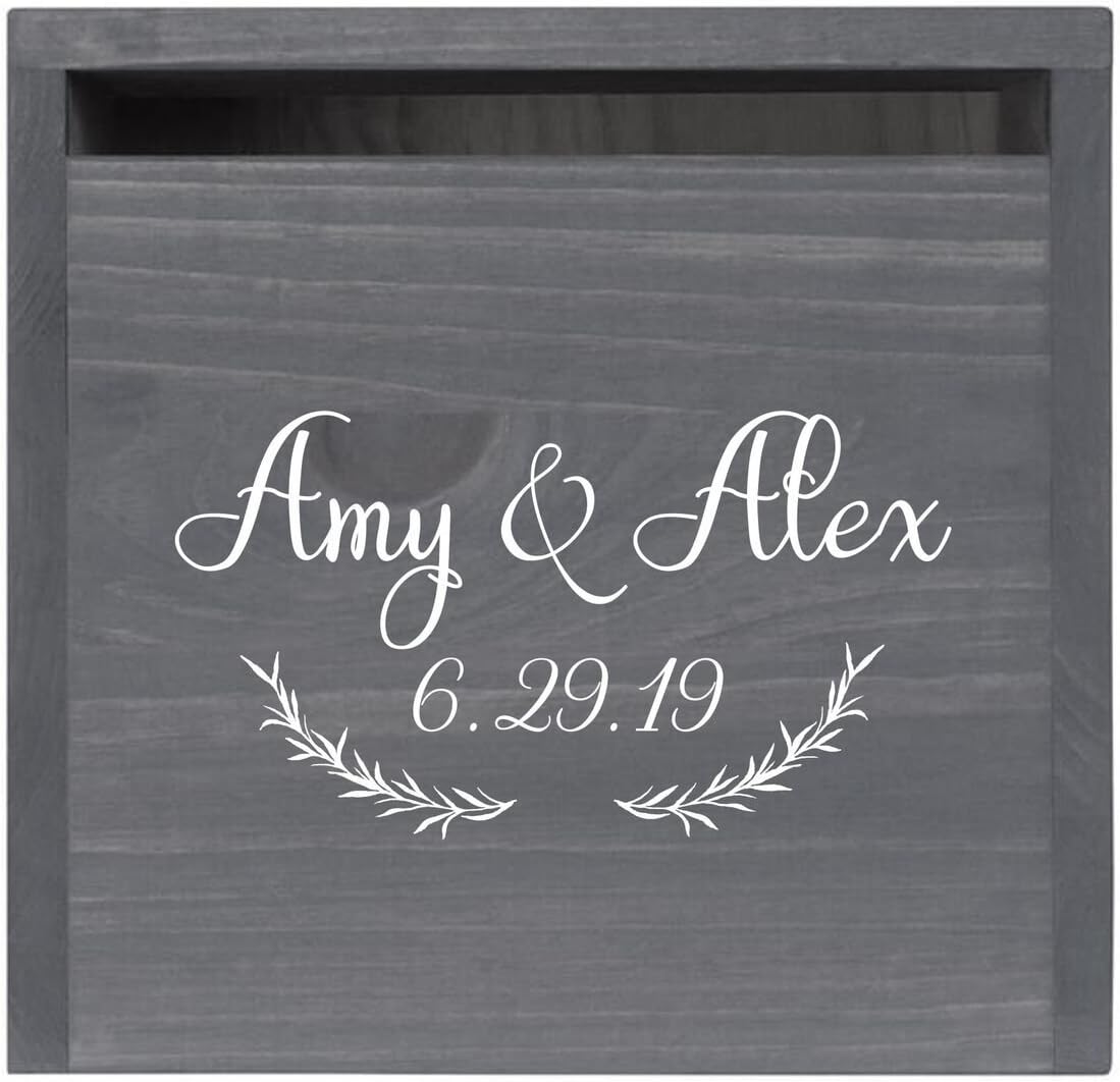 LifeSong Milestones Personalized First Names with Branches Rustic Wooden Wedding Card Box Custom Card Holder with Front Slot for Newlyweds Couples Reception 13.5” L x 12” W x 12.5” T (Grey)