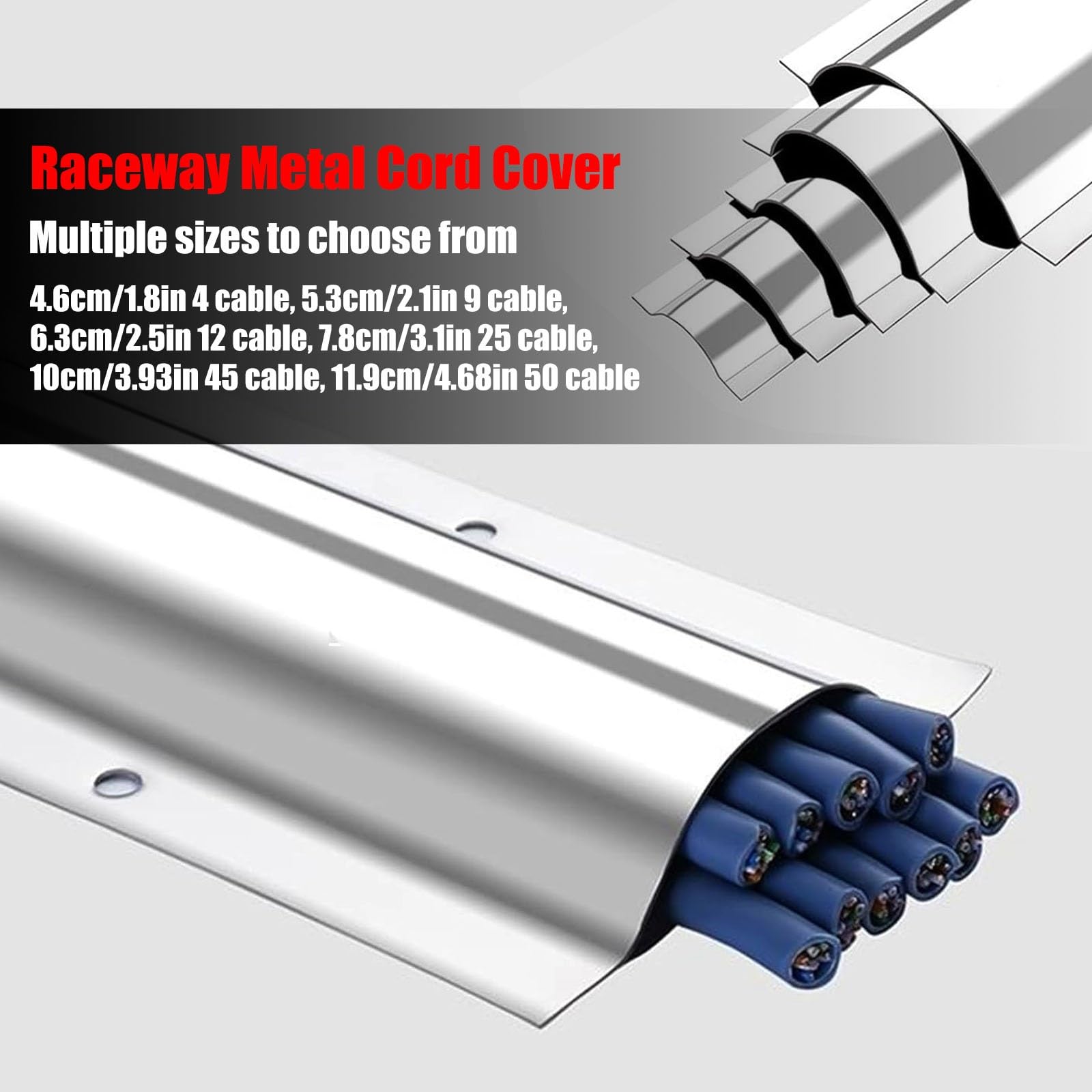 2 Stück Edelstahl-Kabelkanal, Drahtschutzkanal, Halbrunde Silberne Metallkabelabdeckung, 1 M (3,28 Fuß) Lang, Kabelabdecker For Decke, Ecke, Boden(5.3cm/2.1in 9 cable)