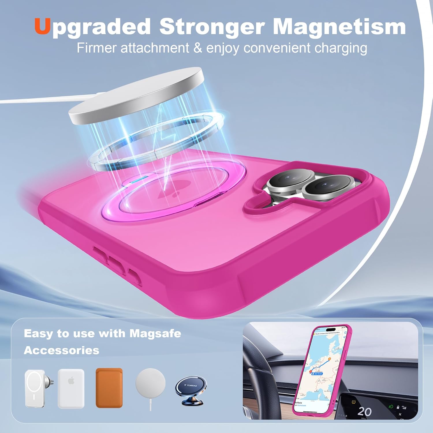 Compatible with iPhone 17 Case with Invisible Magnetic 360°Spin Stand,Military-Grade Shockproof Protection [Compatible with Mag-Safe] Non-Slip Edge Translucent Case (6.3",Hot Pink)
