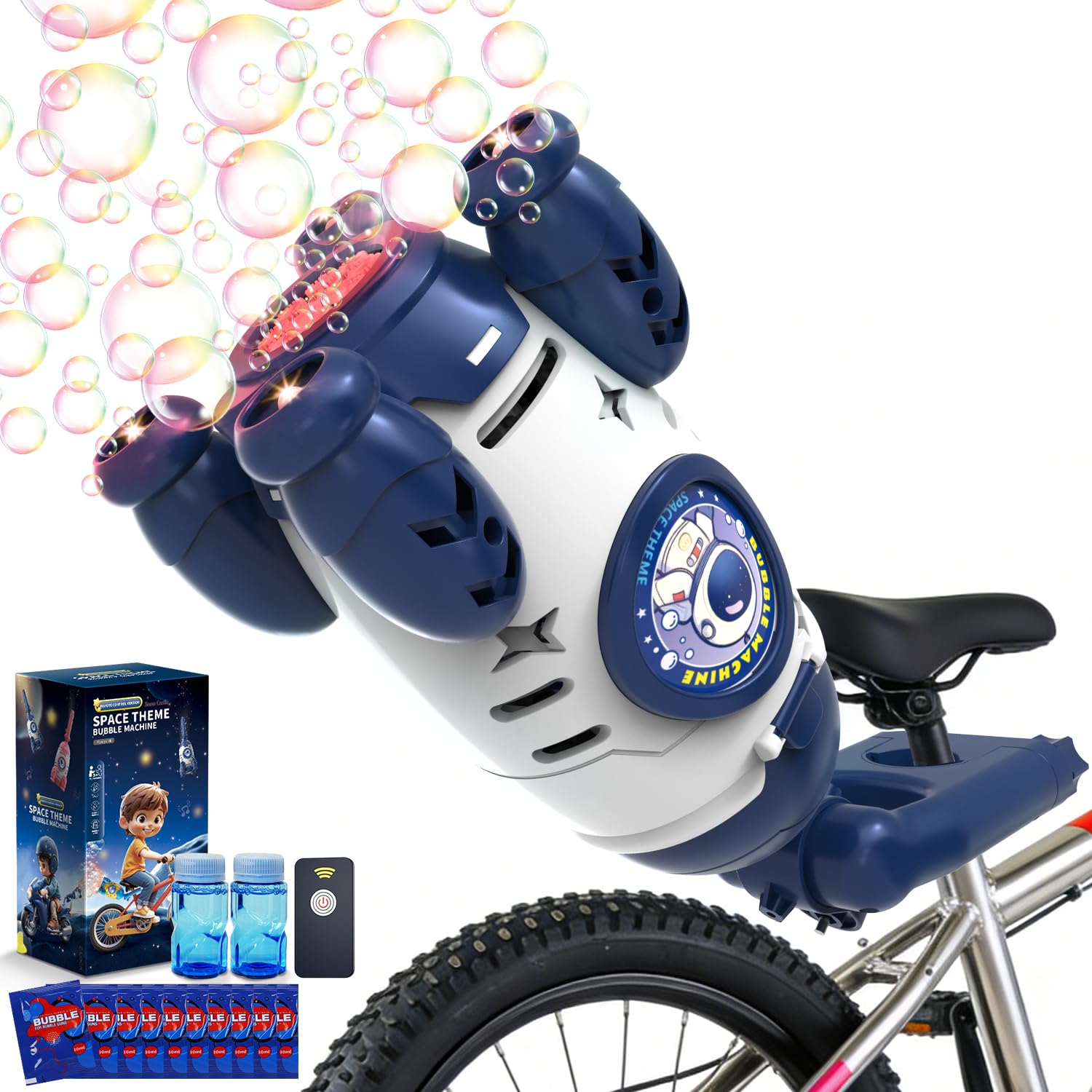 Bubble Gun for Kids, Automatic Rocket Bubble Machine, Handheld & Bicycle Use, Rechargeable Bubble Blower with Solution & LED Light, Summer Outdoor Toy, Gift for Boys Girls Age 3 4 5 6 7 8-12