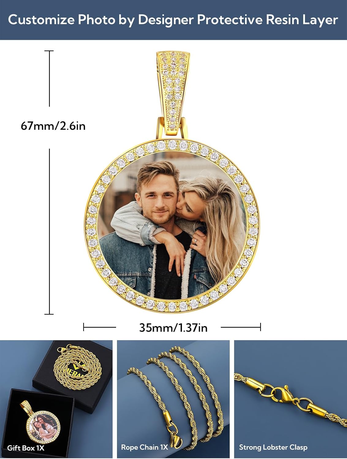 YIMERAIRE Customized Picture Necklace 18k Gold Plated Black/Gold/Silver Personalized Circle Chain Picture Dog Tag Pendant CZ Zicronia Custom Photo Pendant for Men Women