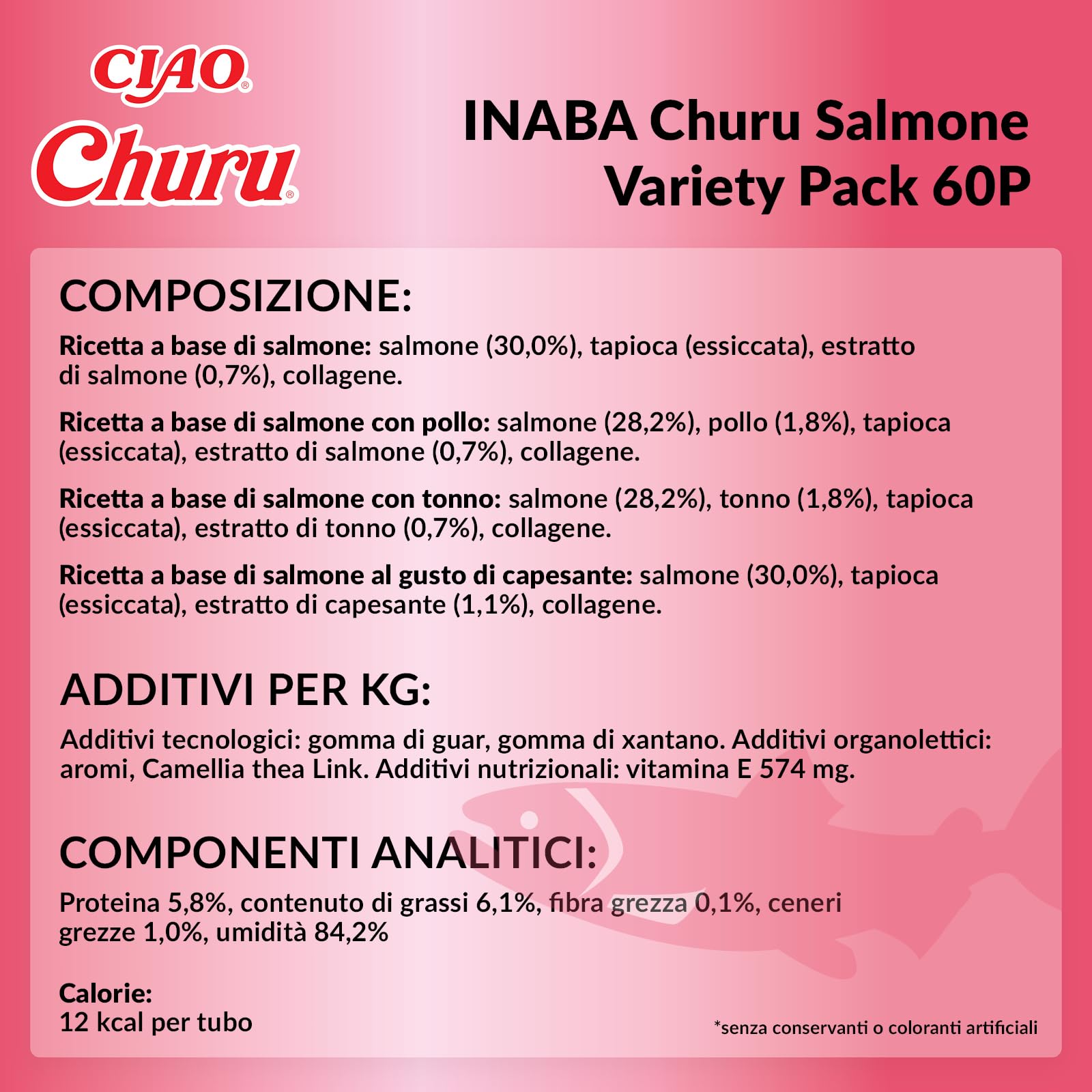 INABA Churu Salmon Variety Pack, Snack Cremosi per Gatti in Morbido Purè da Dare a Mano, Ricette con Salmone, Tonno, Pollo e Capesante, Ingredienti di Alta Qualità, Ricchi di Umidità, 60 stick da 14g