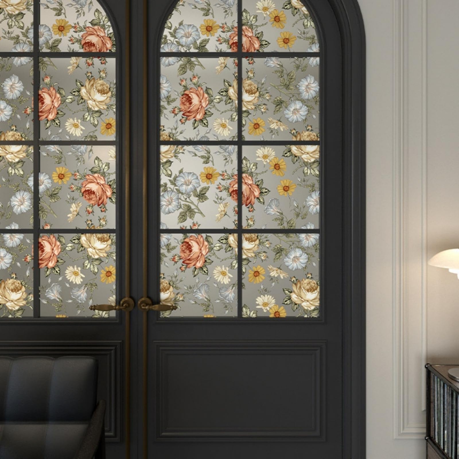 Fensterfolie Blickdicht 90x200CM Retro Blumen Statisch Selbsthaftend Dekorative Folie, Abnehmbare Glasfolien Anti-UV, für Badezimmer küche