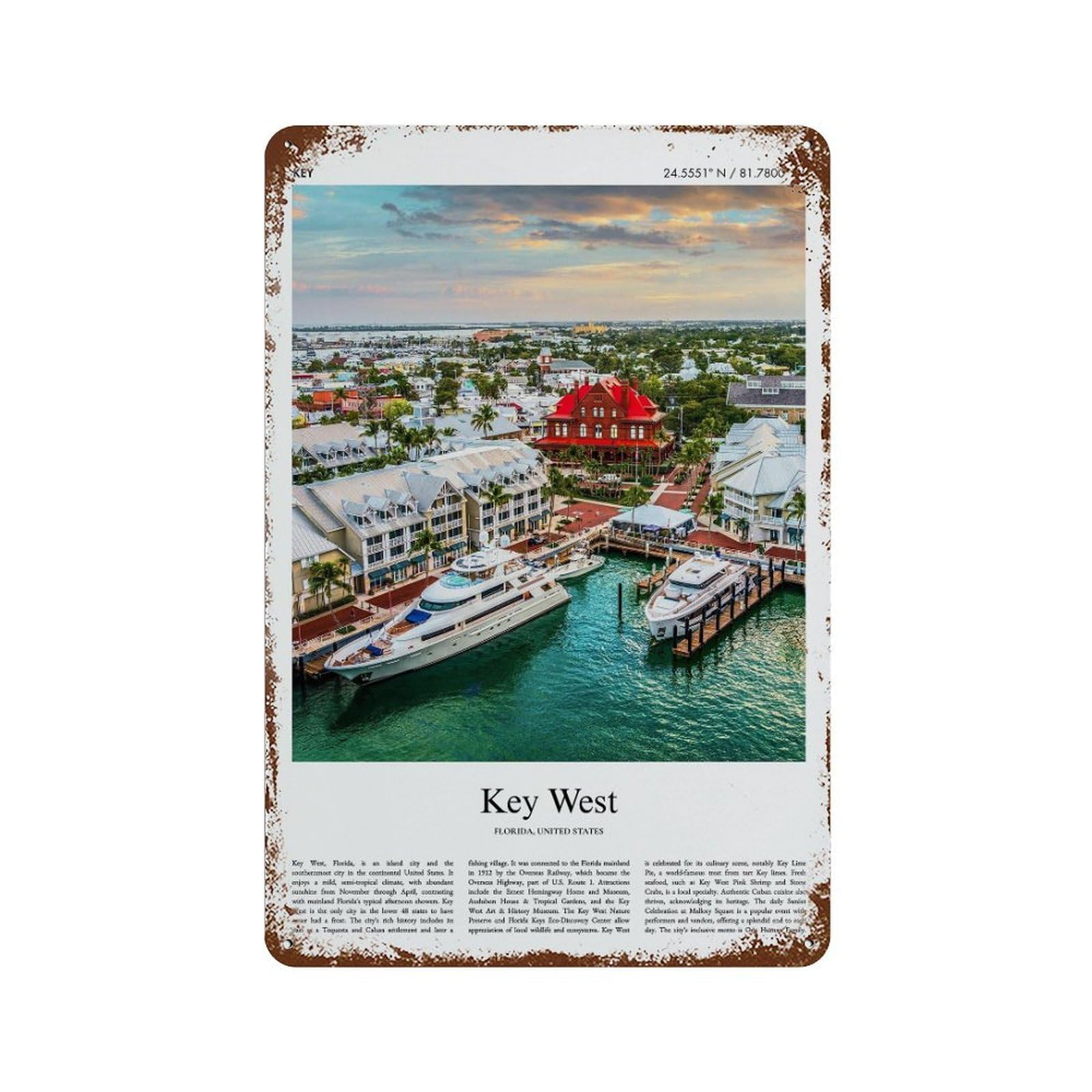 xiaoxiaoshen Key West Florida, United States, USA City Scenery Wall Decor Art Metal Tin Poster Modern Home Decor Art Home Bar Shop Decorations Vintage Sign 30x20cm