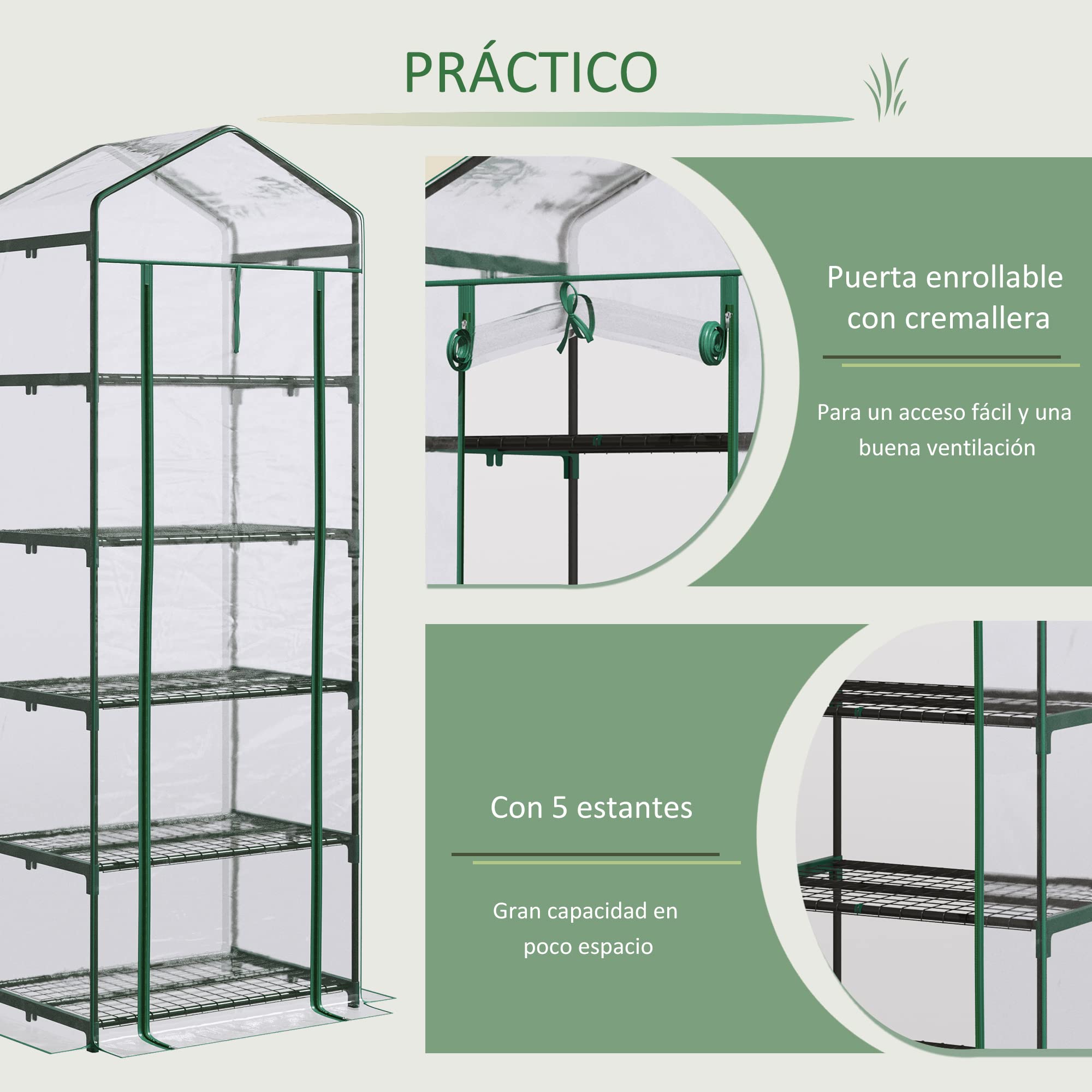 Outsunny Invernadero de Exterior 69x49x193 cm Invernadero Pequeño con 5 Estantes Puerta Enrollable con Cremallera Cubierta de PVC y Marco de Acero para Cultivar Plantas Flores Transparente