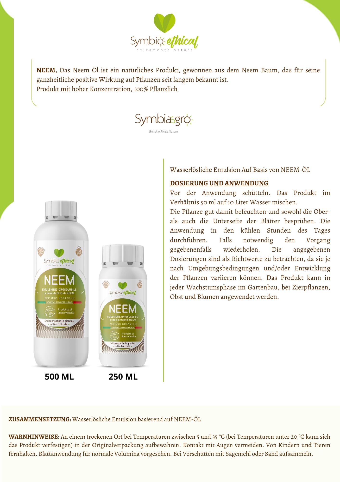 SYMBIOETHICAL - NEEM, Emulsión Hidrosoluble a Base de Aceite de Neem para Plantas, Concentrado de Uso Botánico, 100% Vegetal, Made in Italy, 250 ml