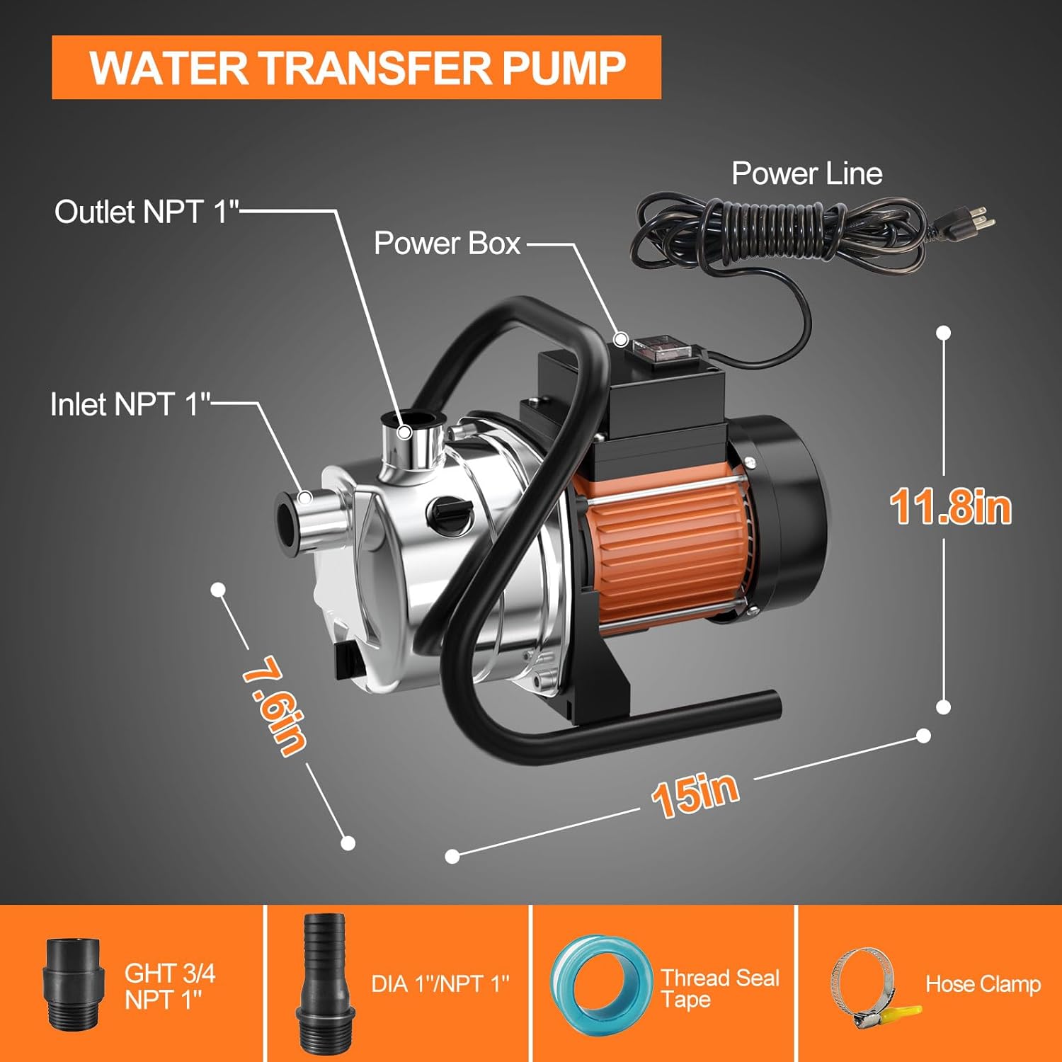 Water Transfer Pump 110V Shallow Well Pump 1.2HP 1200GPH Electric Portable Garden Pressure Booster Pumps for Sprinkler Irrigation Lawn with Adapters, Orange