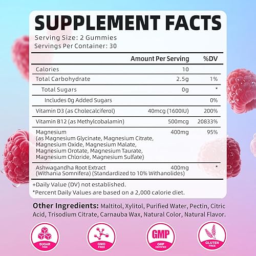 Miniatura 2 de Gomitas complejas de magnesio de 400 mg, glicinato de magnesio, malato, citrato, taurato, óxido y más  con extracto de ashwagandha, D3 y B12 para