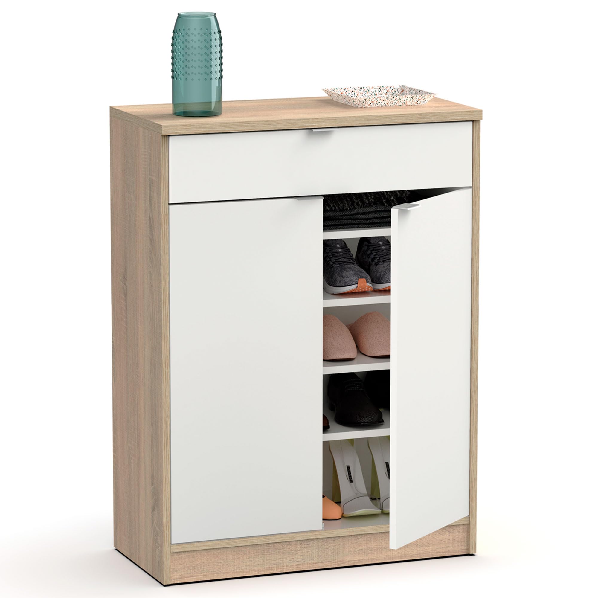 briebe Zapatero Entrada Recibidor, Mueble Auxiliar Estrecho Dormitorio, 2 Puertas, 1 Cajón 101x75x36 cm (Alto x Ancho x Profundo), 20 Pares Zapatos, Domus Blanco Alto Brillo/Roble Cambrian