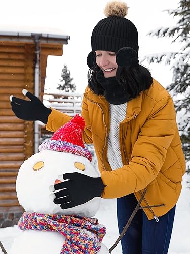 Miniatura 4 de Conjunto de 5 piezas de gorro y guantes de invierno para mujer, gorro de punto para excursión de esquí, gorro de pompón, calentador de orejas de