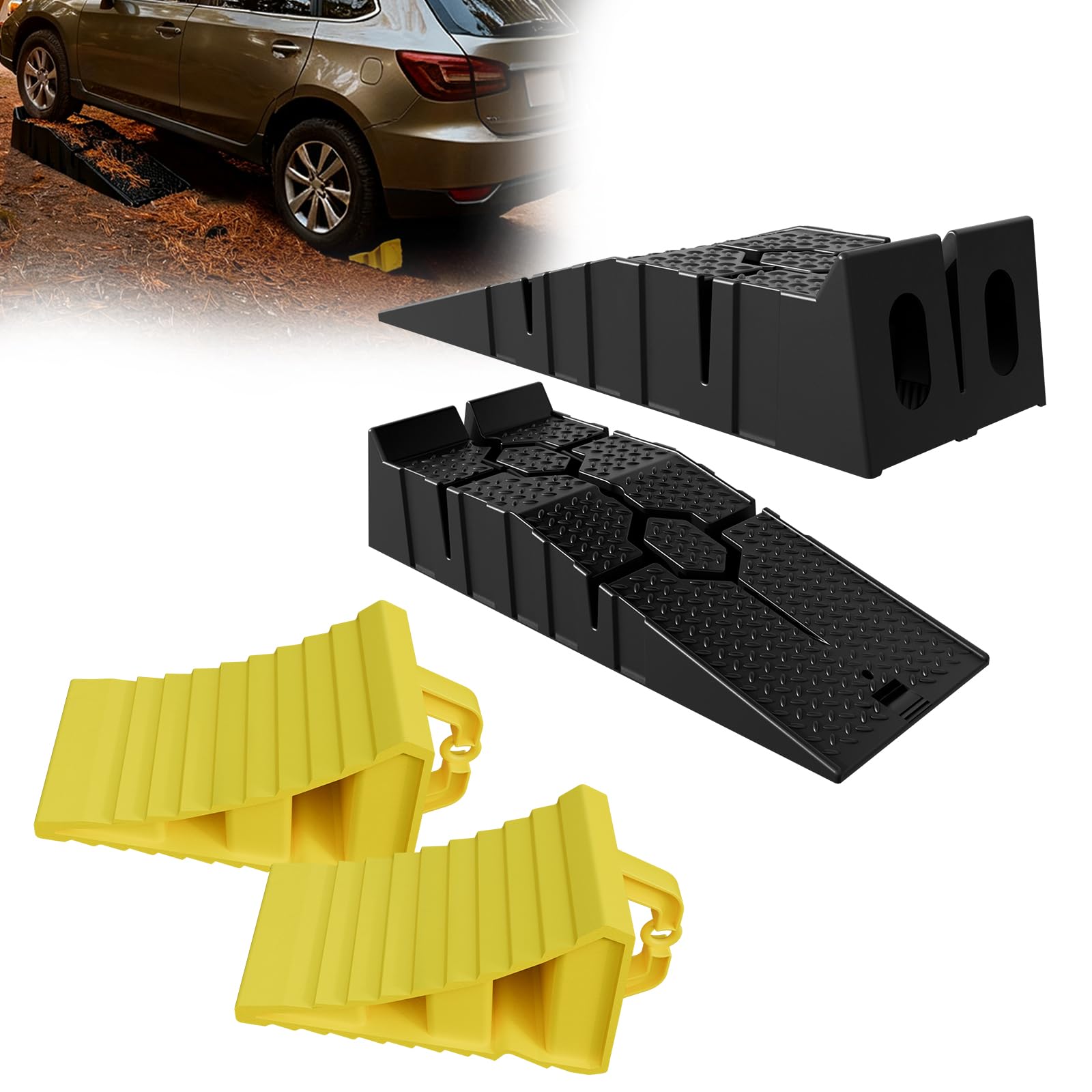 LZQ Lot de 2 rampes en plastique pour voitures, rampes de chargement à charge lourde + Lot de 2 cale-roues, cales de frein pour voitures, camping-cars, remorques, jaune