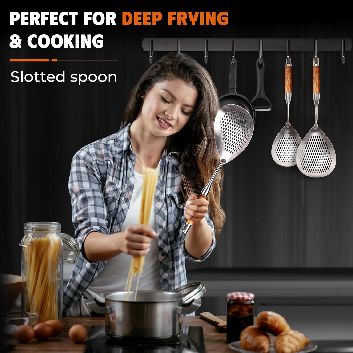 MARTE Skimmer Slotted Spoon Set of 3-304 Stainless Steel Spider Strainer Tools Ladle Spoon with Handle for Cooking and Frying - Kitchen Large Pasta Strainer Frying Colander - 14.8In,16.5In,17In