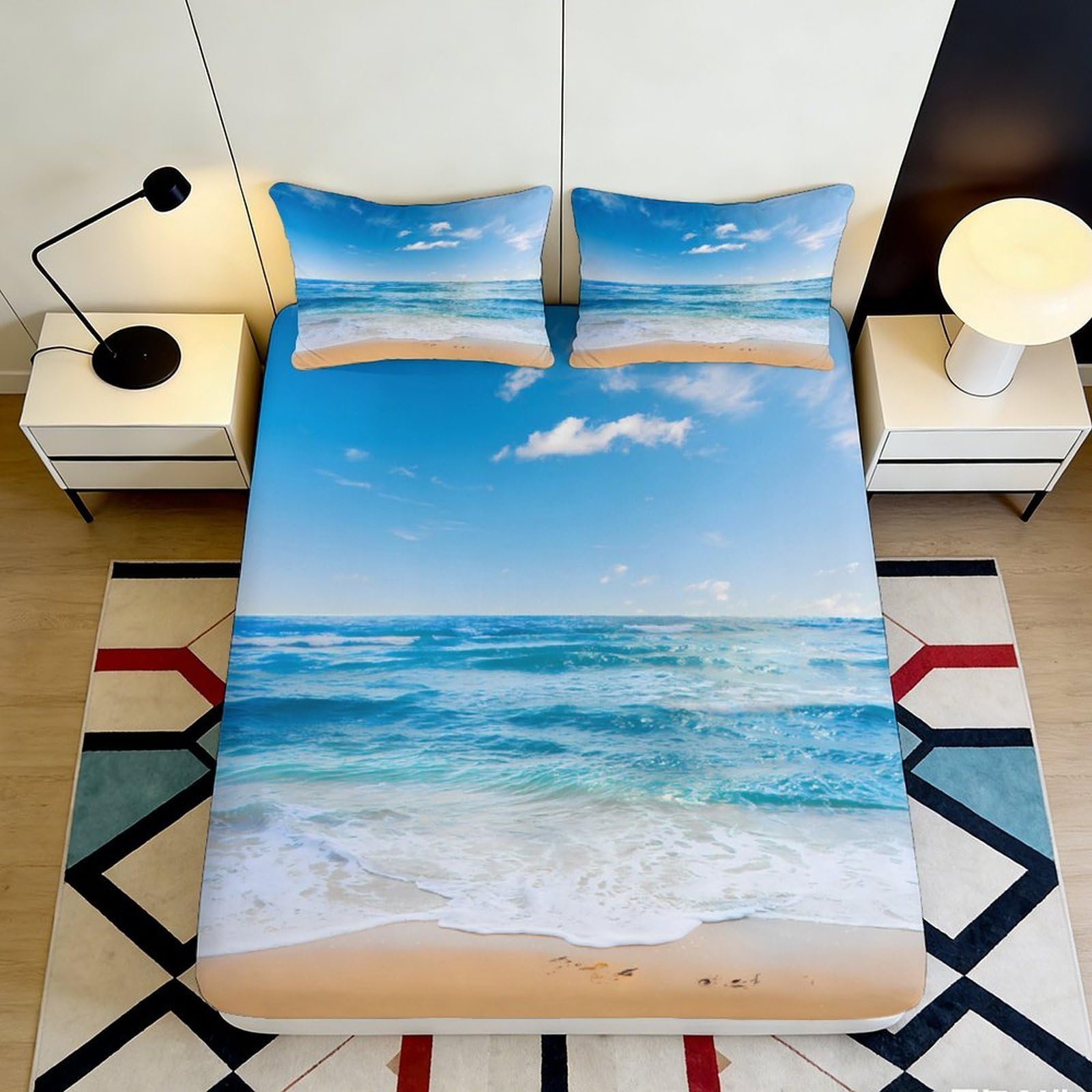 Jqzkxnhpbr Style-1 3D Printed Ocean Beach Fitted Sheet Microfiber Sand Sky Mattress Cover For Bedroom Guest Room Decor Easy Care 90X200x25cm