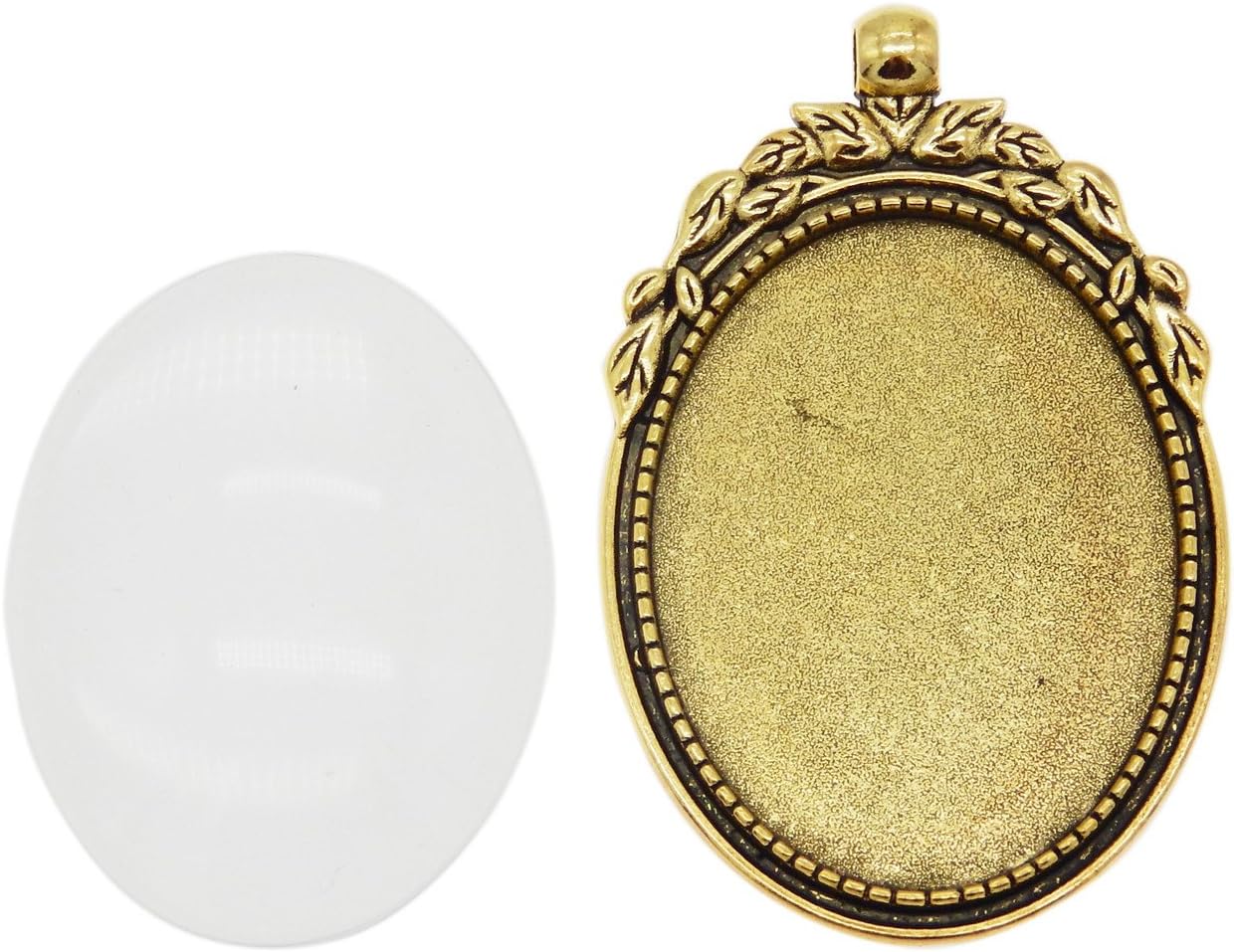 Julie Wang 10 Sets Oval Antiqued Gold Color Blank Photo Setting Bezel Tray Pendant with Clear Glass Cabochons for Necklace Jewelry Making Charms Resin Crafts DIY Supplies