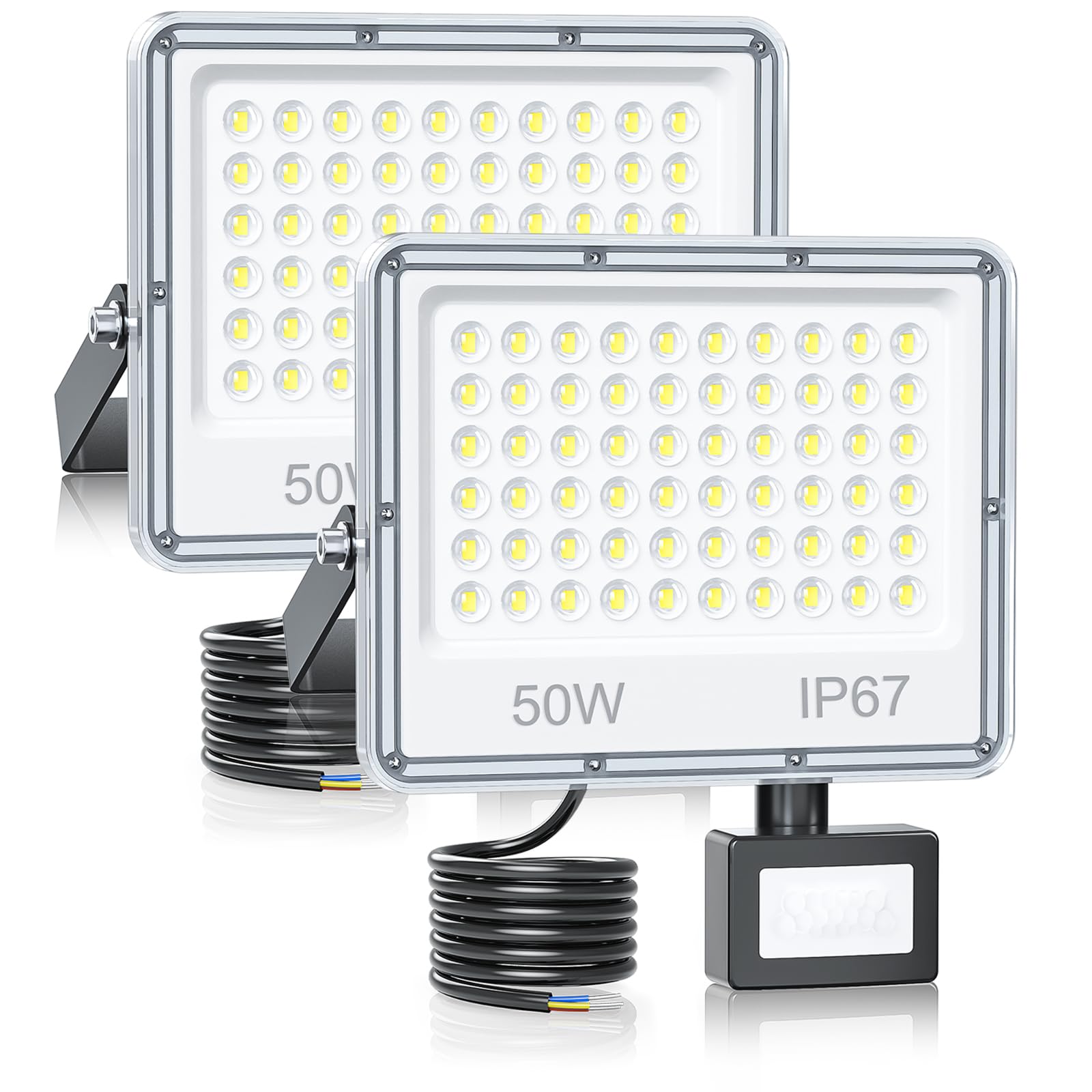 YIQIBRO Faro Faretto LED da Esterno con Sensore di Movimento 50W 5000LM 2 Pezzi, IP67 7000K Luce Fredda Lampada Faretti LED Esterno con Sensore di Movimento per Giardino, Capannone