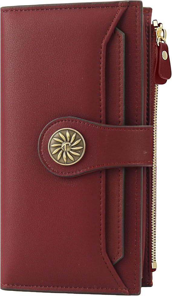 Travelambo Wallets Women RFID Large Capacity Luxury Waxed Leather Clutch Wallet Multi Card Organizer (Light Purple + Burgundy)