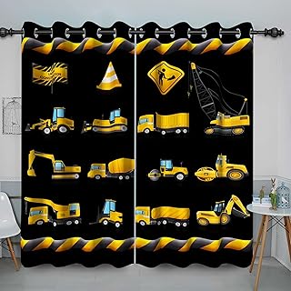 Baocicco Kids Construction Curtains for Boys Bedroom Cartoon Truck Tractor Excavator Pattern Printed Darkening Drapes with Grommets Boys Kids Child Construction Signage Curtains 2 Panels 42x63 Inch