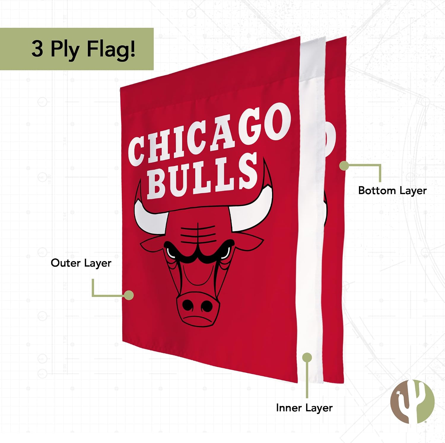 Desert Cactus Chicago Bulls NBA Team Banner Flag - 40 x 30 inch Double-Sided 3-Ply Banner for Indoor/Outdoor Use, Durable NBA Spirit (House Flag B)