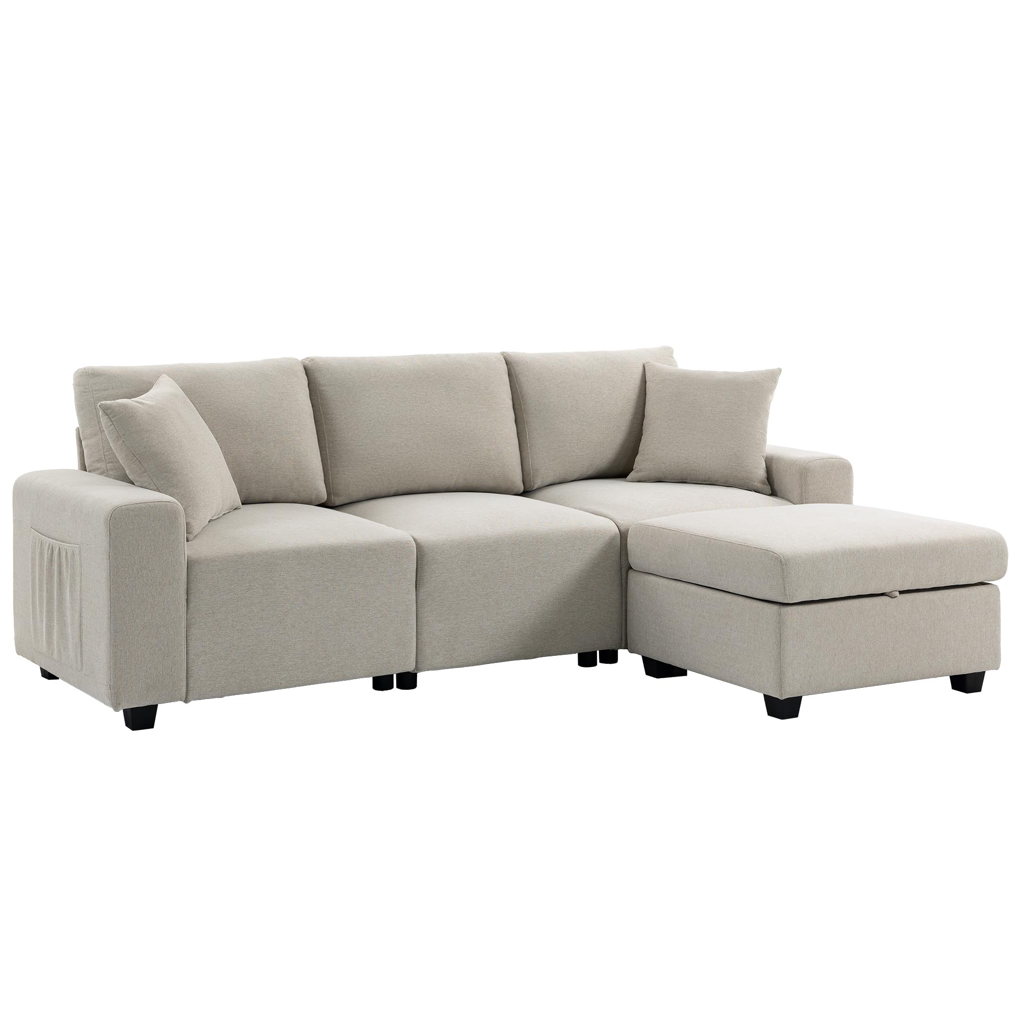 HOMCOM Divano Angolare 3 Posti Modulare in Lino, Seduta Spessa, Beige | Divano ad Angolo, Contenitore, Poggiapiedi Rimovibile, Cuscini, Divano a L Reversibile per Salotto, 235x80x85 cm
