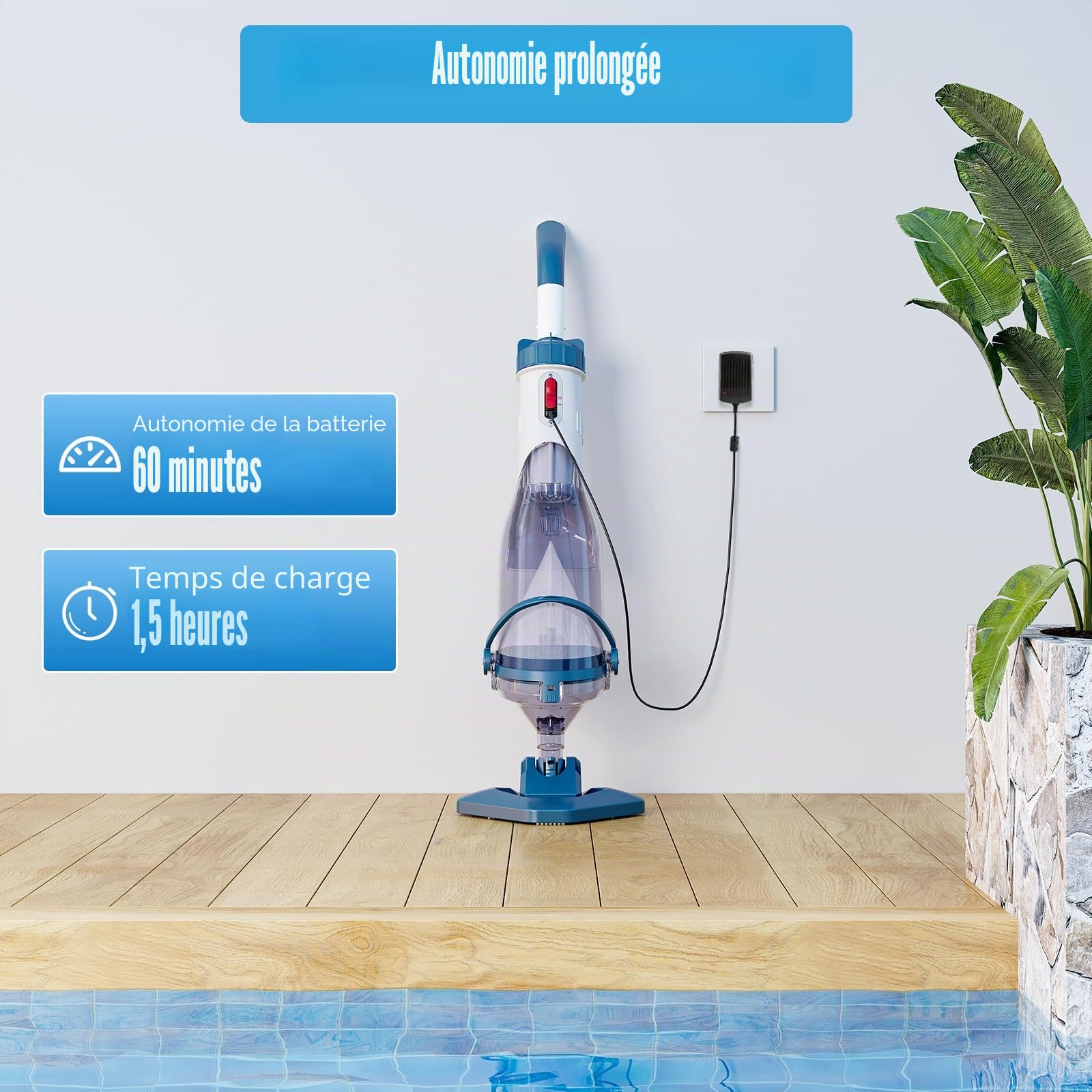 Enhulk Aspirateur de Piscine sans Fil, 60 mins de Autonomie, Longueur Extensible à 222cm, 4 Filtres, Débit d’Aspiration Jusqu’à 4200 L/H, Nettoyeur Électrique pour Piscines Hors-Sol/Spas, Bleu