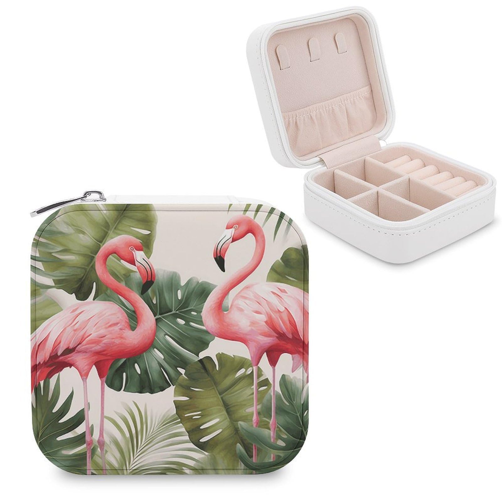 JTREHY Travel Flamingo Palm Trees Leaf Jewelry Case Portable Display Storage Box PU Leather Mini Jewelry Travel Case Personalized Travel Jewelry Organizer Small Jewelry Box for Women