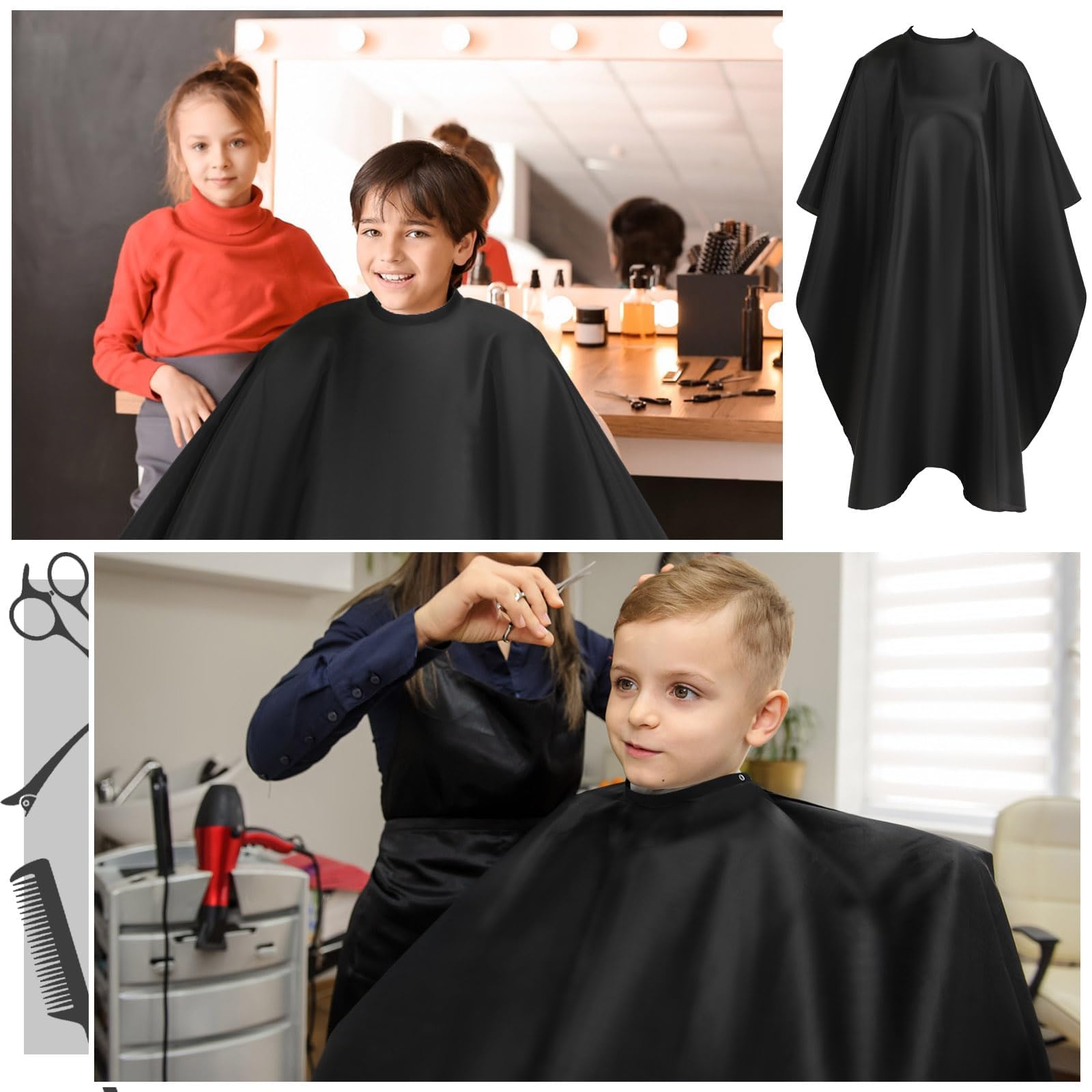 2 capas de peluquería para adultos, capa profesional de corte de pelo con cierre a presión impermeable, Negro - 5