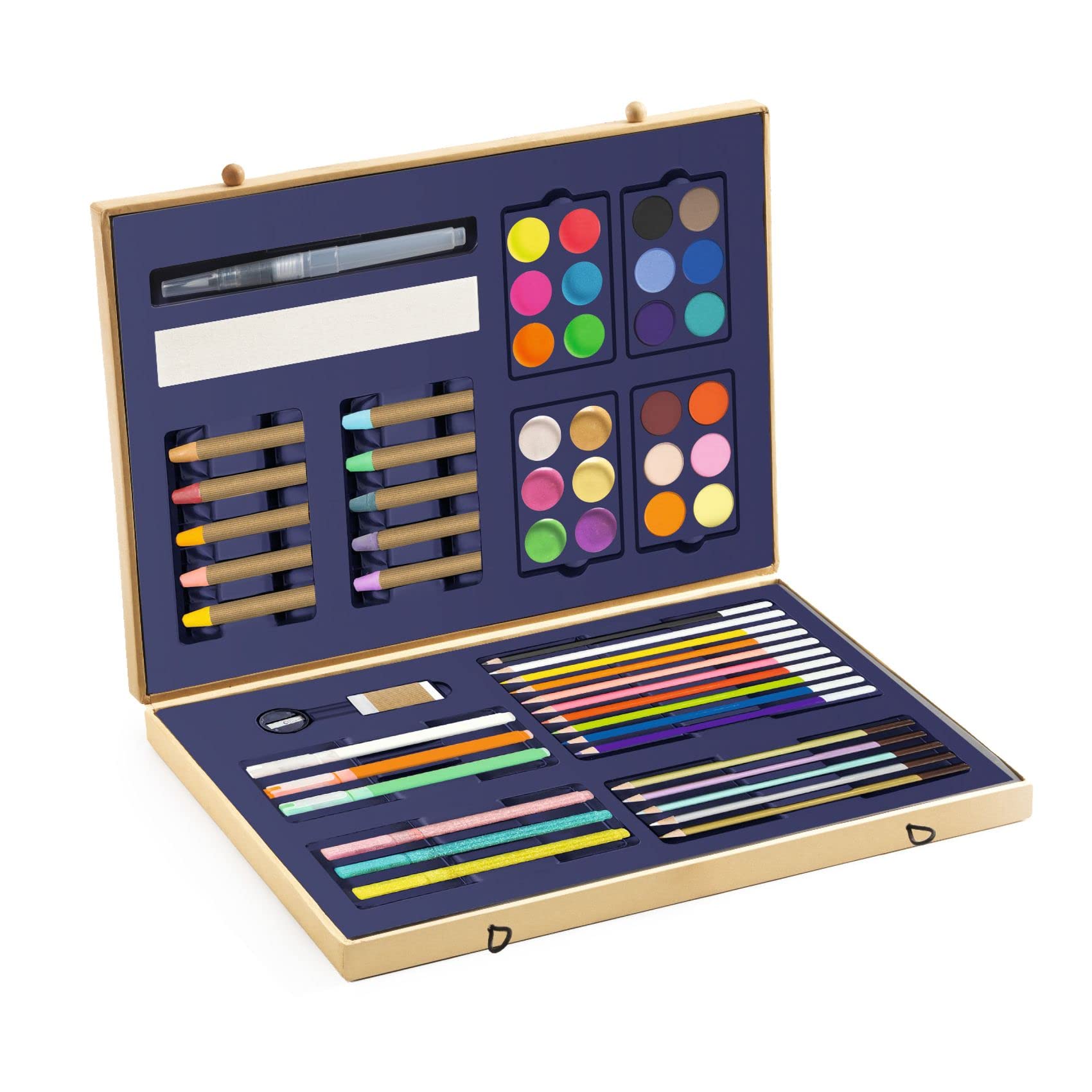 DJECO Coffret Les Couleurs des Grands - Dès 6 Ans - Kit Valise avec Peinture, Feutres, Crayons, Pastels, Stylos & Accessoires - Couleurs Scintillantes - Coloriage & Peinture - Qualité Made in France