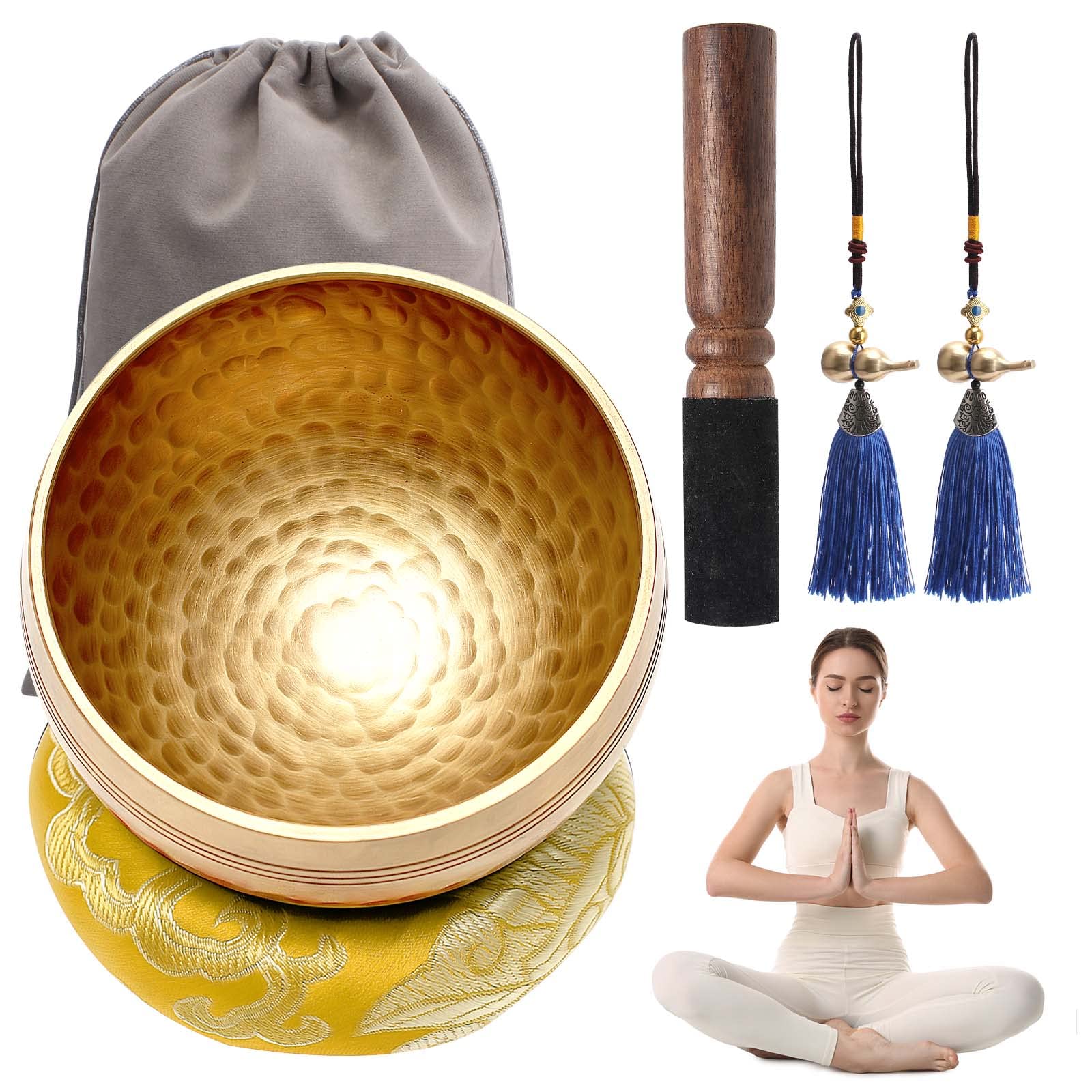 Cuenco Tibetano, 11 cm Cuenco de Meditación incl. Mazo/estera de Seda/2 Colgantes de calabaza/bolsa de Almacenamiento, Cuenco Tibetano /410 g, para Relajación Espiritual/Yoga/Meditación