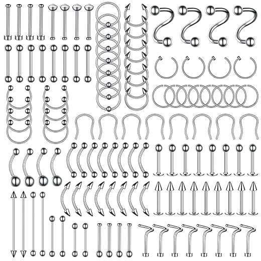 BodyJ4You 120PC Body Piercing Jewelry Kit - CBR BCR Rings Barbells Studs Screws Curved Bars - Belly Button Cartilage Tragus Nose Septum Tongue - 14G 16G 18G 20G Stainless Steel Random Bulk Set