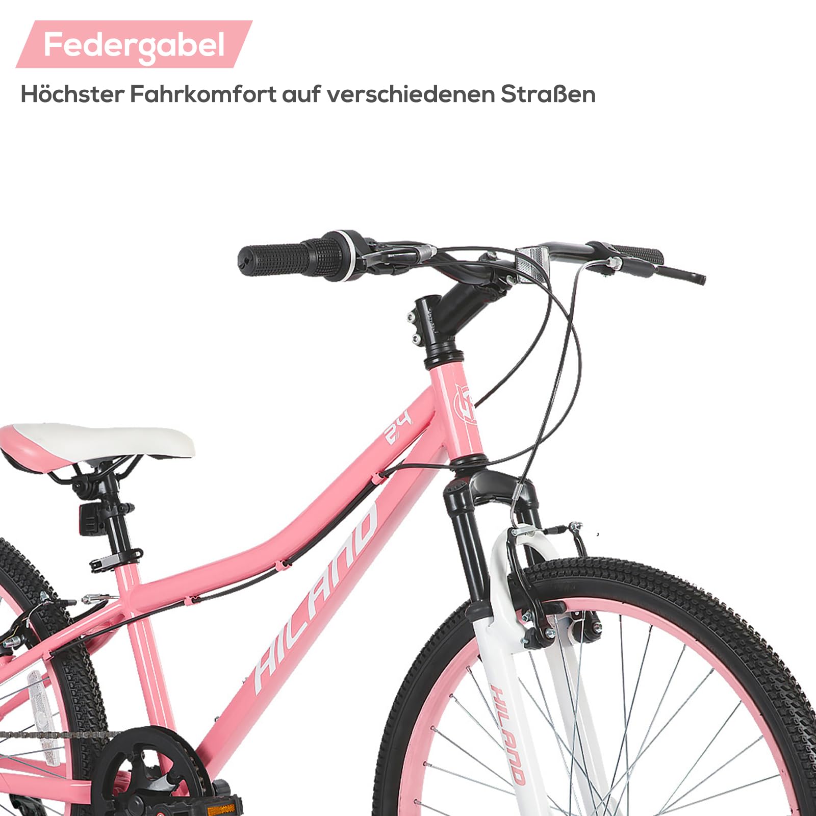 Hiland Climber 24 Zoll Kinderfahrrad, 7 Gang Kinder Mountainbike, Jugend MTB mit Federgabel, V-Bremsen Mountainbike für Jungen Mädchen, Schwarz/Blau/Mintgrün/Rosa