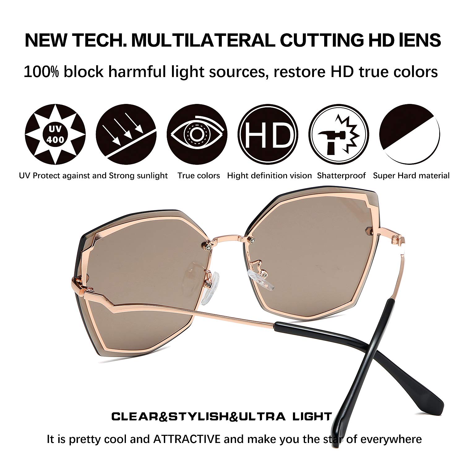 Gafas de sol para mujer, diseño de polígono, de gran tamaño, degradado, UV400, octágono, marco de metal