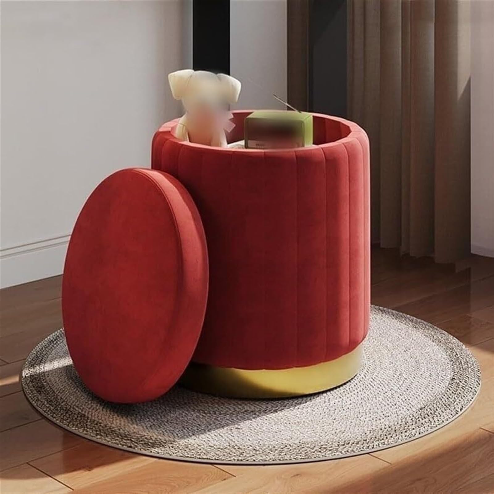Pouf de rangement rond en velours rouge avec base dorée pour salon et chambre