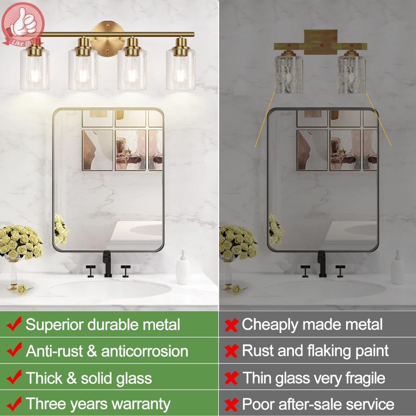 4-Light Bathroom Light Fixtures, Brushed Gold Modern Vanity Lights Over Mirror with Clear Glass Shade, Bathroom Wall Lamp for Mirror Kitchen Living Room Hallway Cabinet Porch Bedroom Reading room