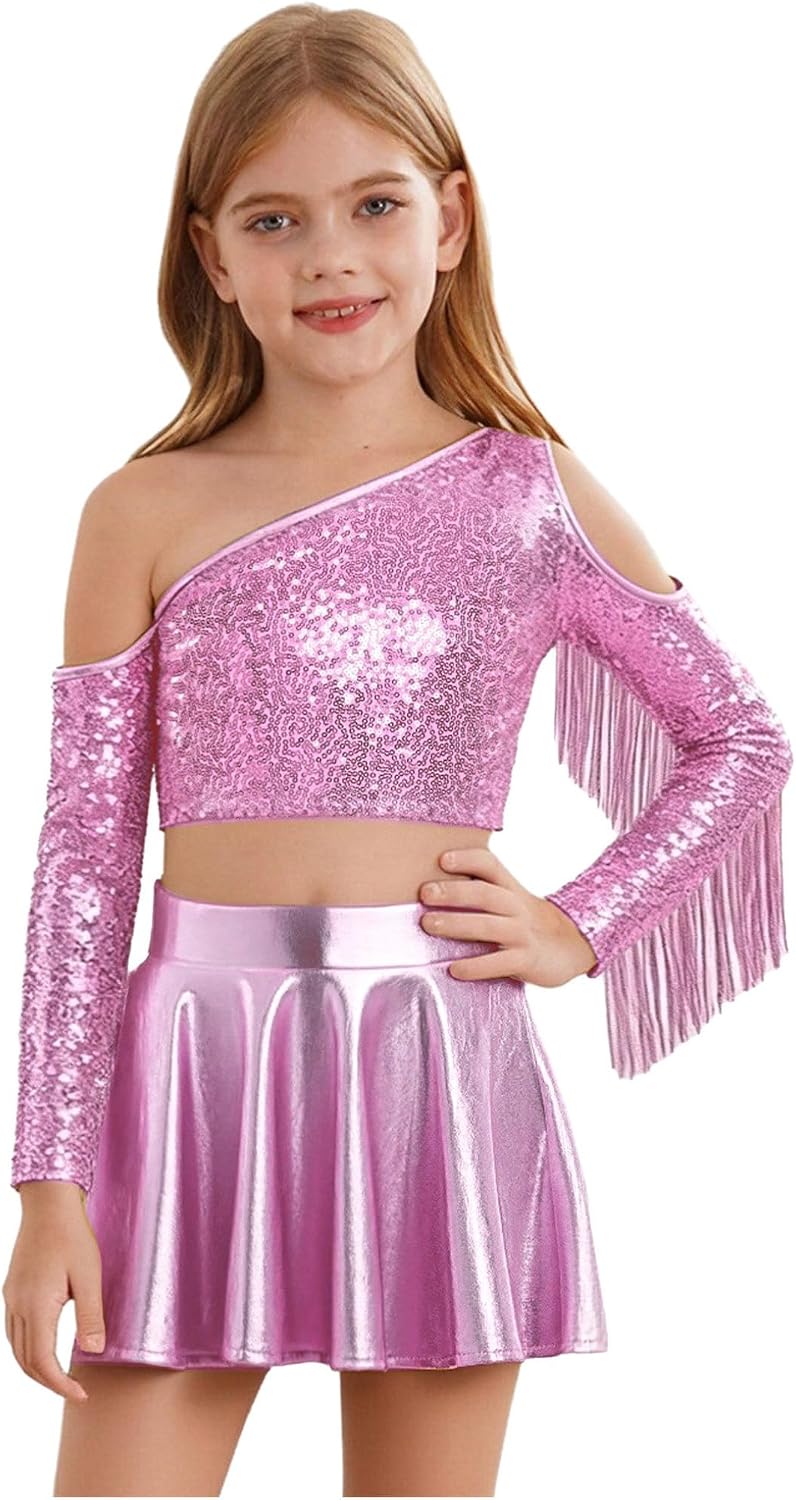 Choomomo Girls Sequins Tassel Crop Top with Metallic Pleated Skirt Sparkly Stage Performance Dancewear