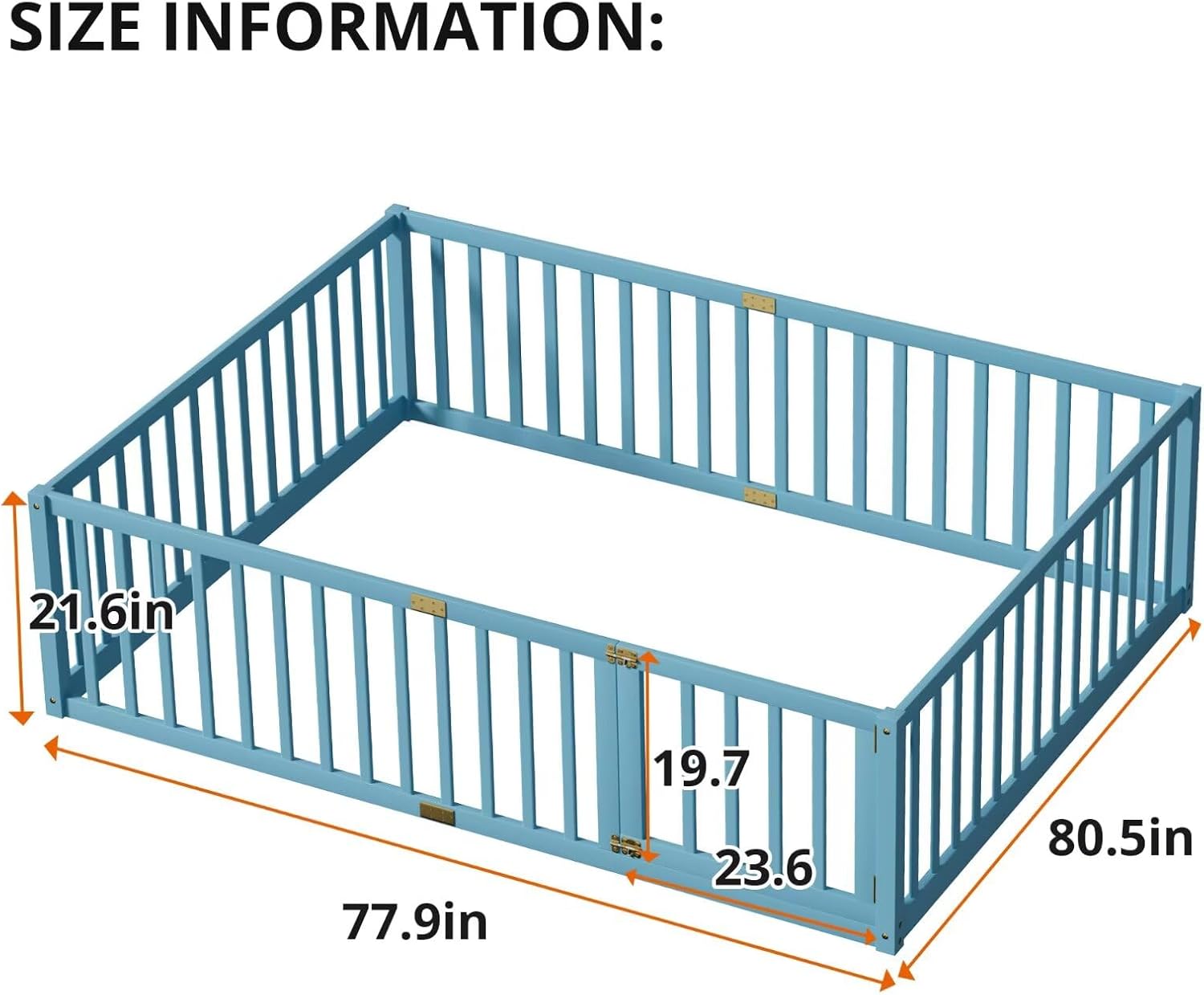 LLS Queen Size Floor Bed with 21.6" High Fence, Solid Wood Multifunctional Montessori Bed Frame with Door for Kids Boys Girls, Without Slats, Sky