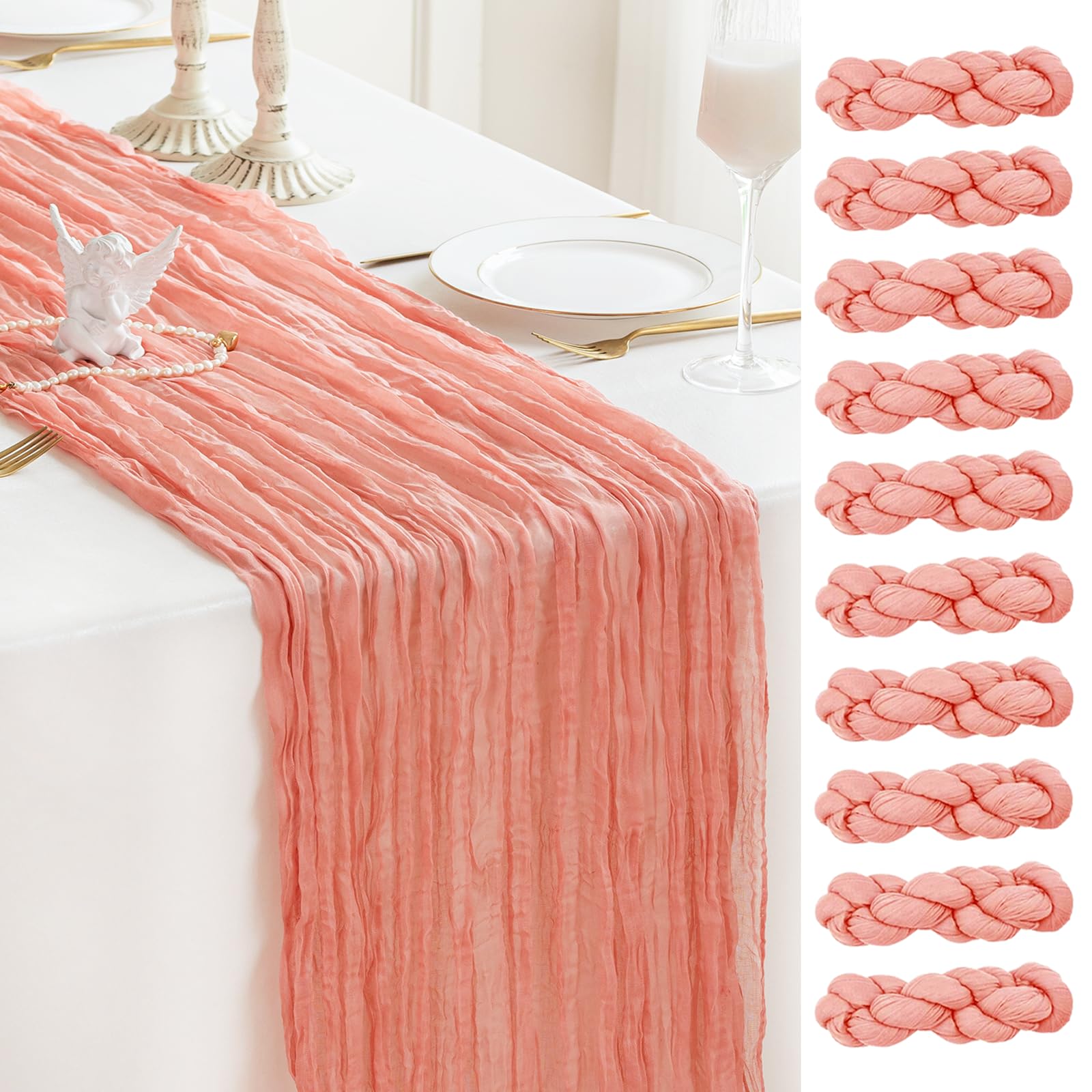 Sioloc 10 Pack Peach Coral Cheesecloth Table Runner Summer Decor 90cmX300cm Boho Gauze Runner for Fall Autumn Decor Wedding Party Baby Bridal Shower Birthday Table Decorations