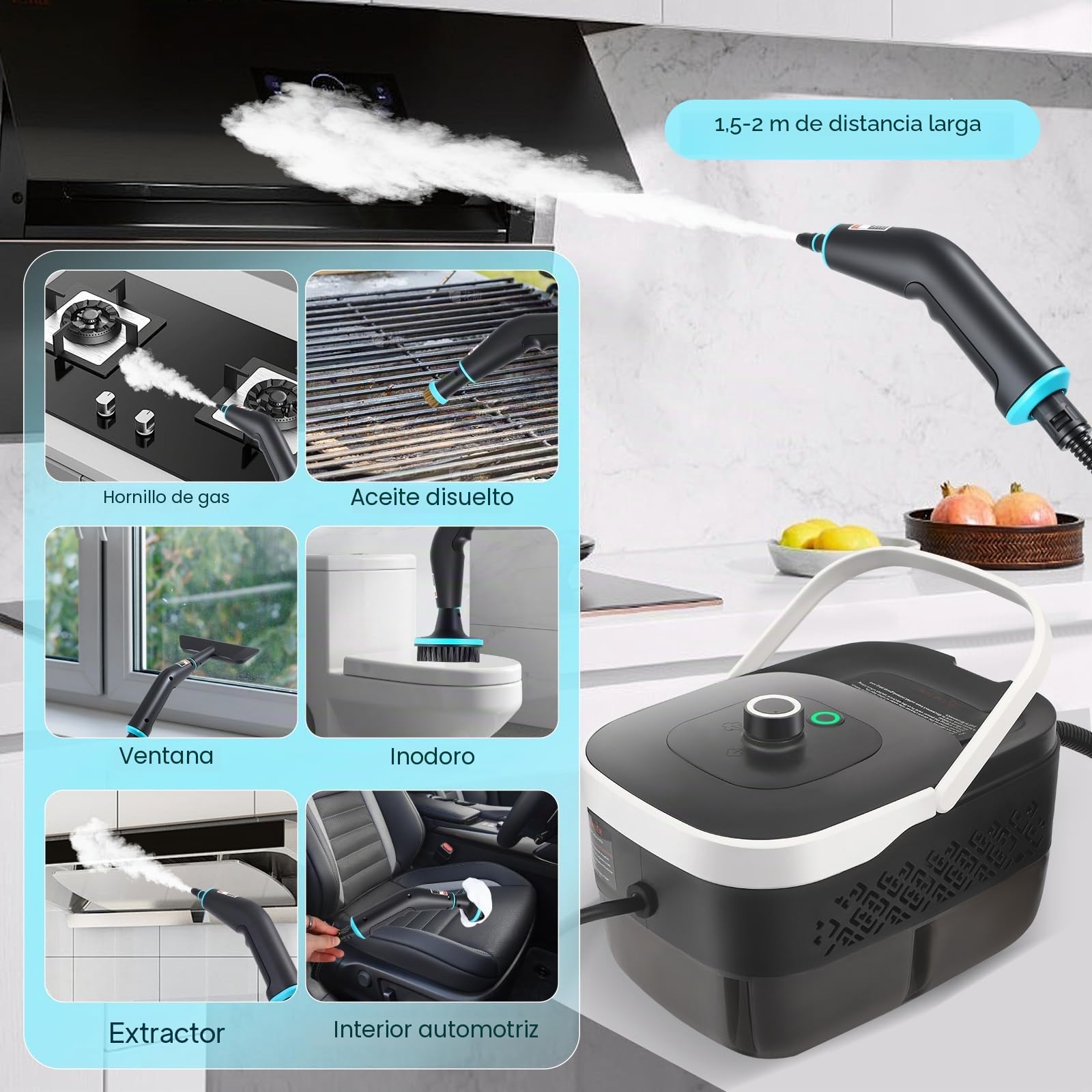 Limpiador a Vapor Portátil 2500W, 4.5BAR Alta Presión, Calentamiento 15s, Depósito 1250ml, 9 Accesorios, 2m Manguera - Para Cocina, Coche, Suelo, Ventanas, Barbacoa con 3 Niveles de Vapor
