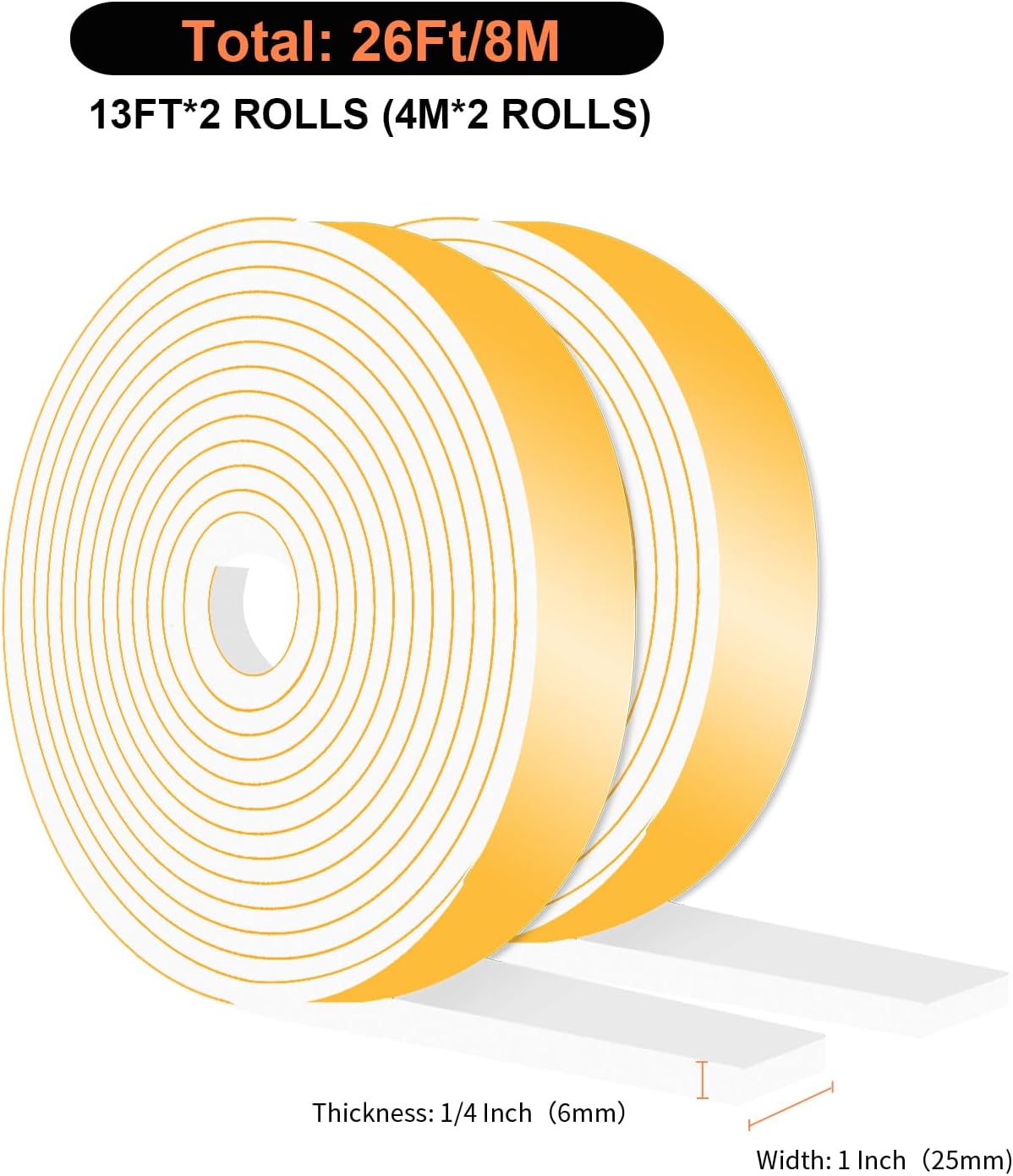 Weather Stripping,Weather Stripping for Door,Strong Adhesive, Lightproof, Soundproof Foam,Door Seal Strip for Door Frame,Window Frame(White,1 in x 1/4 in x 26Ft)